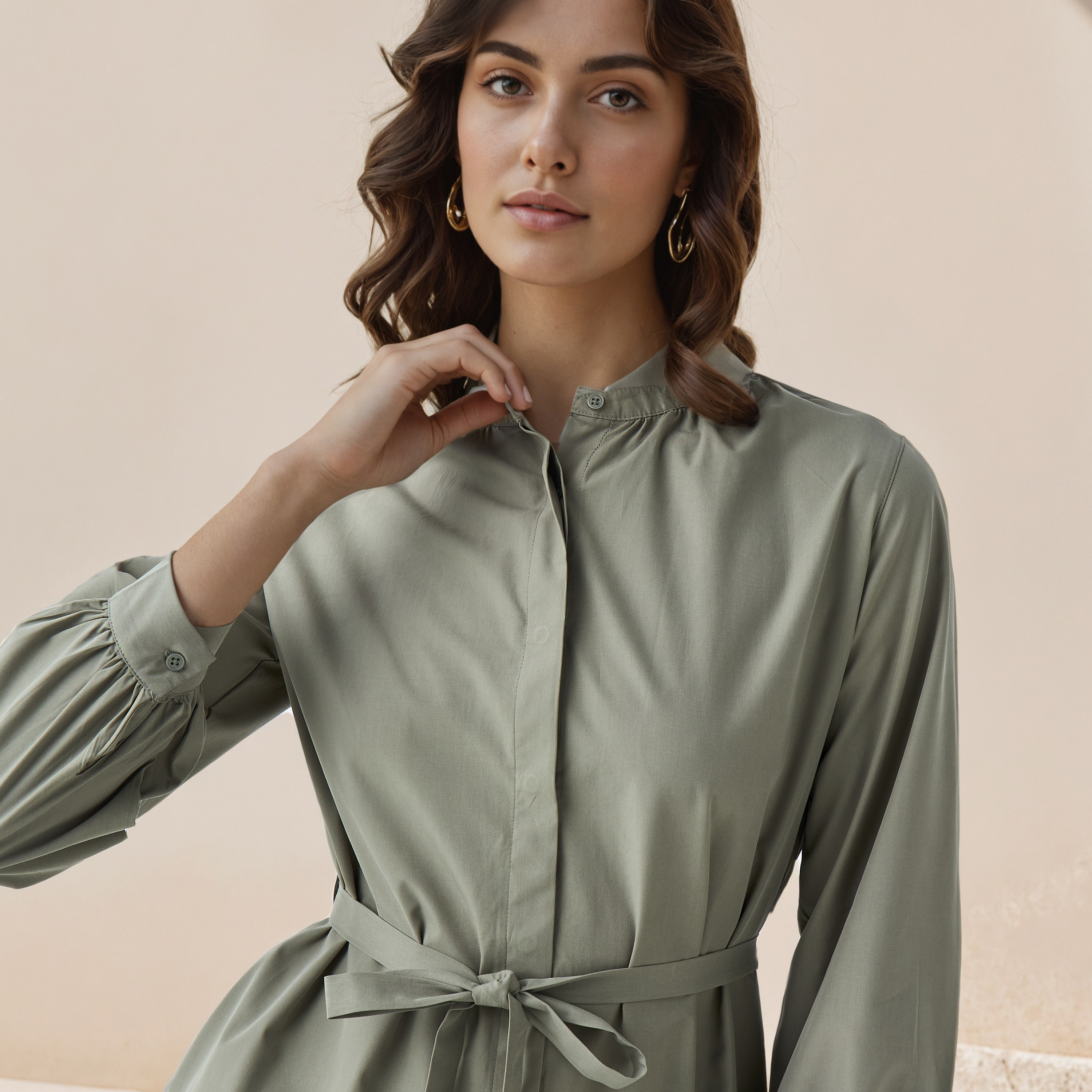 Shirt Knee-Length Dress with Waist Tie-Up-women-clothing-dresses-image-4