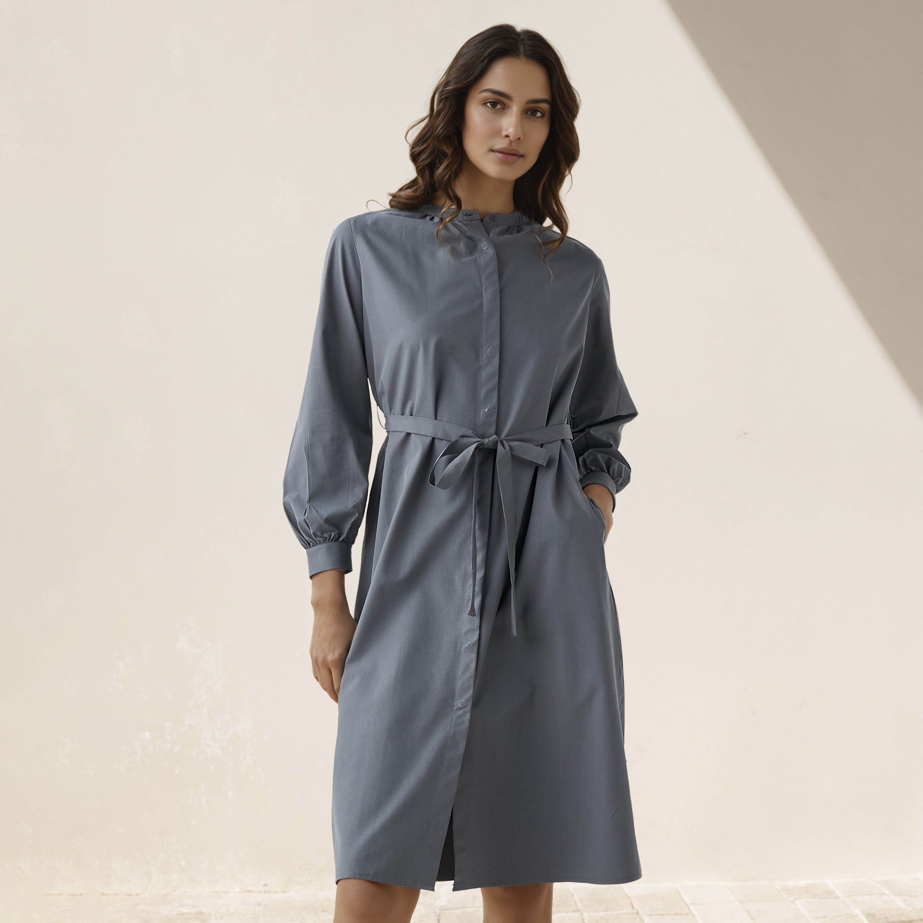 Shirt Knee-Length Dress with Waist Tie-Up-women-clothing-dresses-image-1
