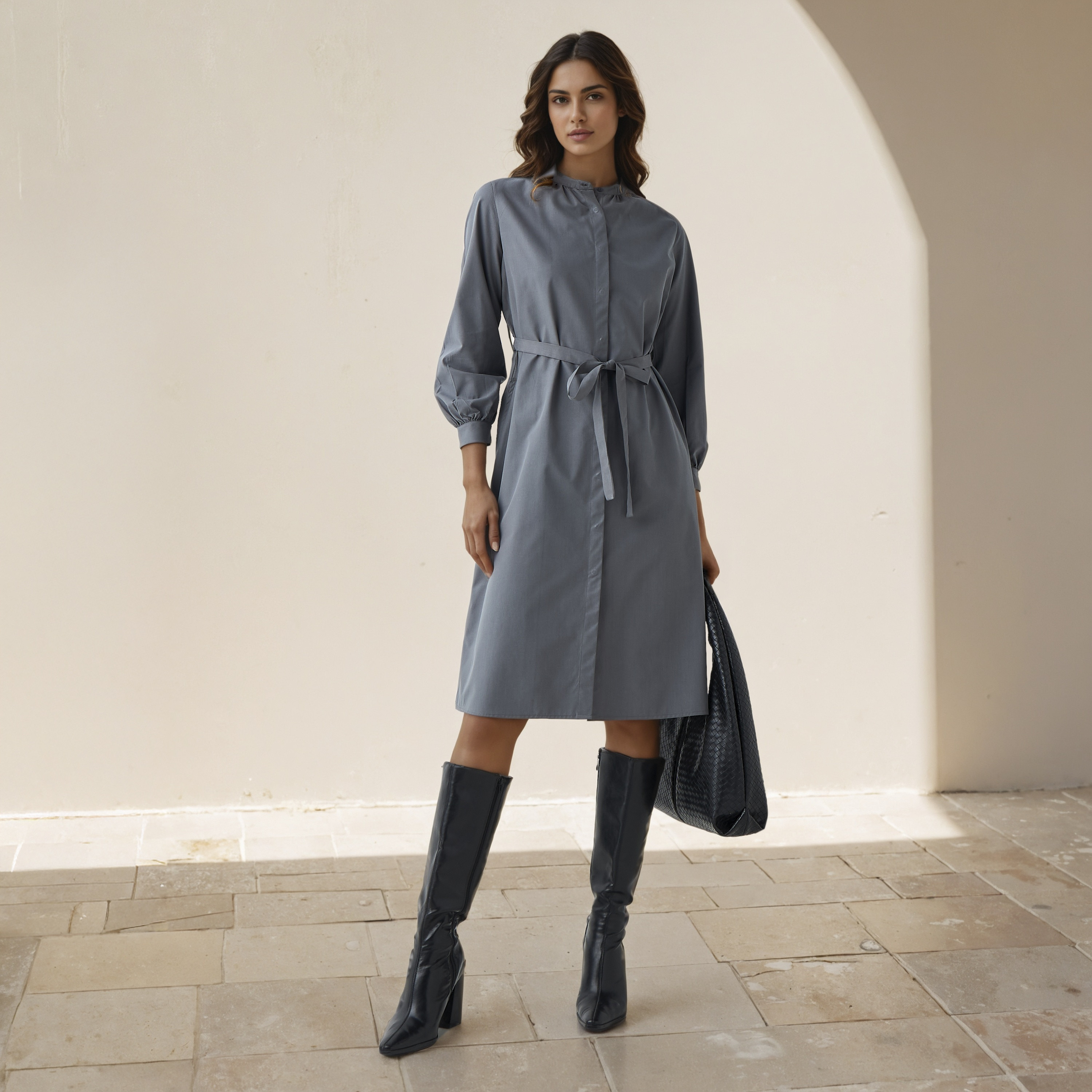 Shirt Knee-Length Dress with Waist Tie-Up-women-clothing-dresses-image-2