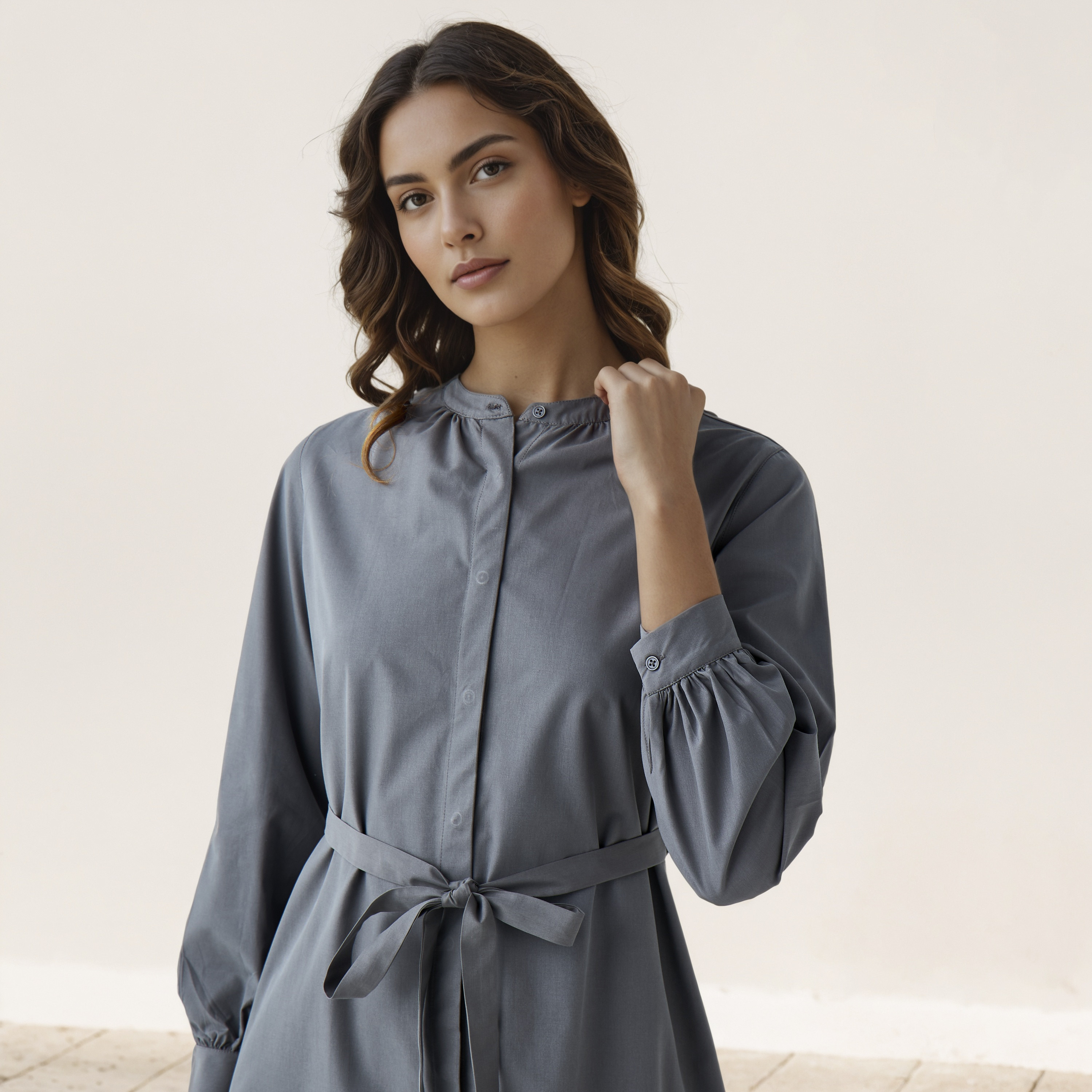 Shirt Knee-Length Dress with Waist Tie-Up-women-clothing-dresses-image-4