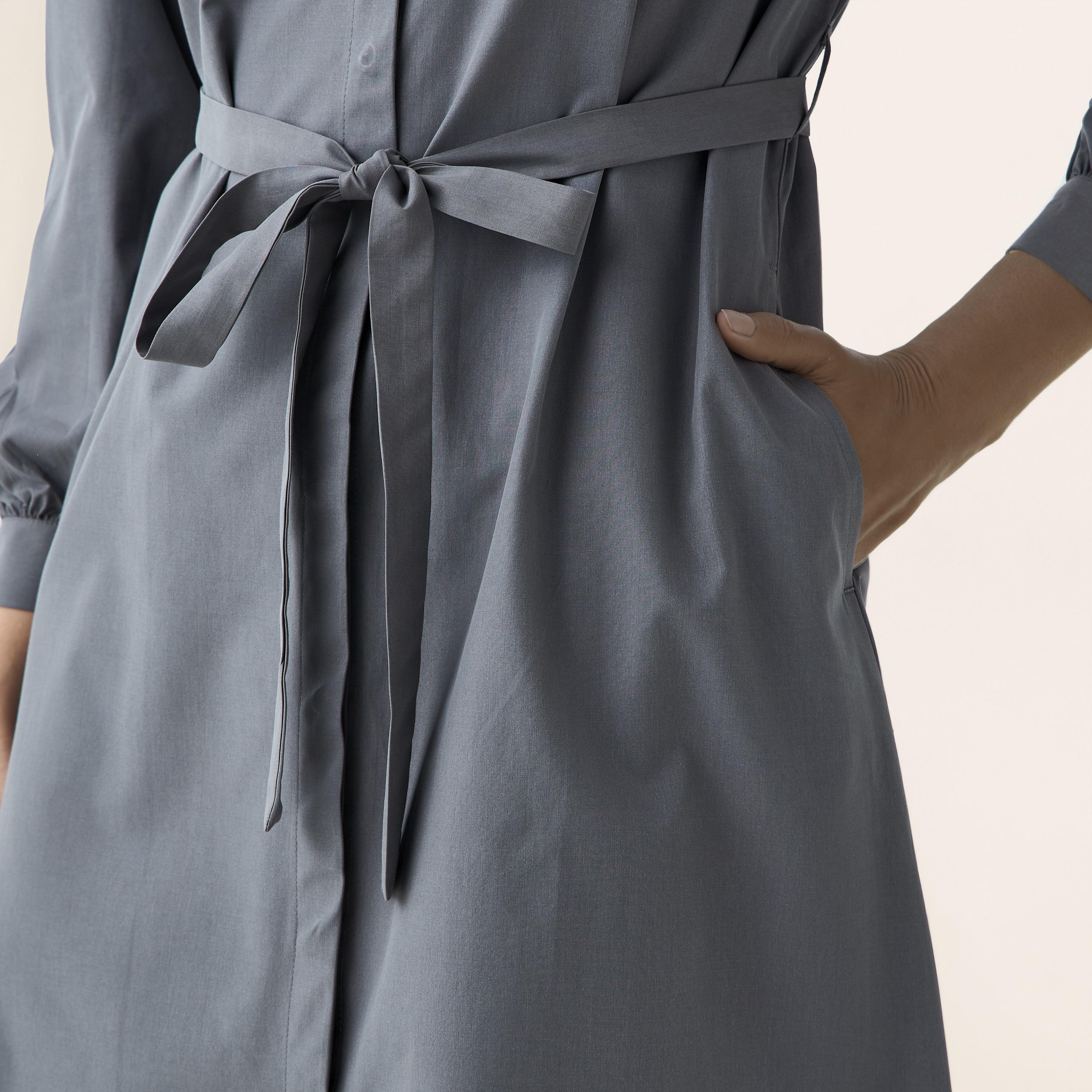 Shirt Knee-Length Dress with Waist Tie-Up-women-clothing-dresses-image-5