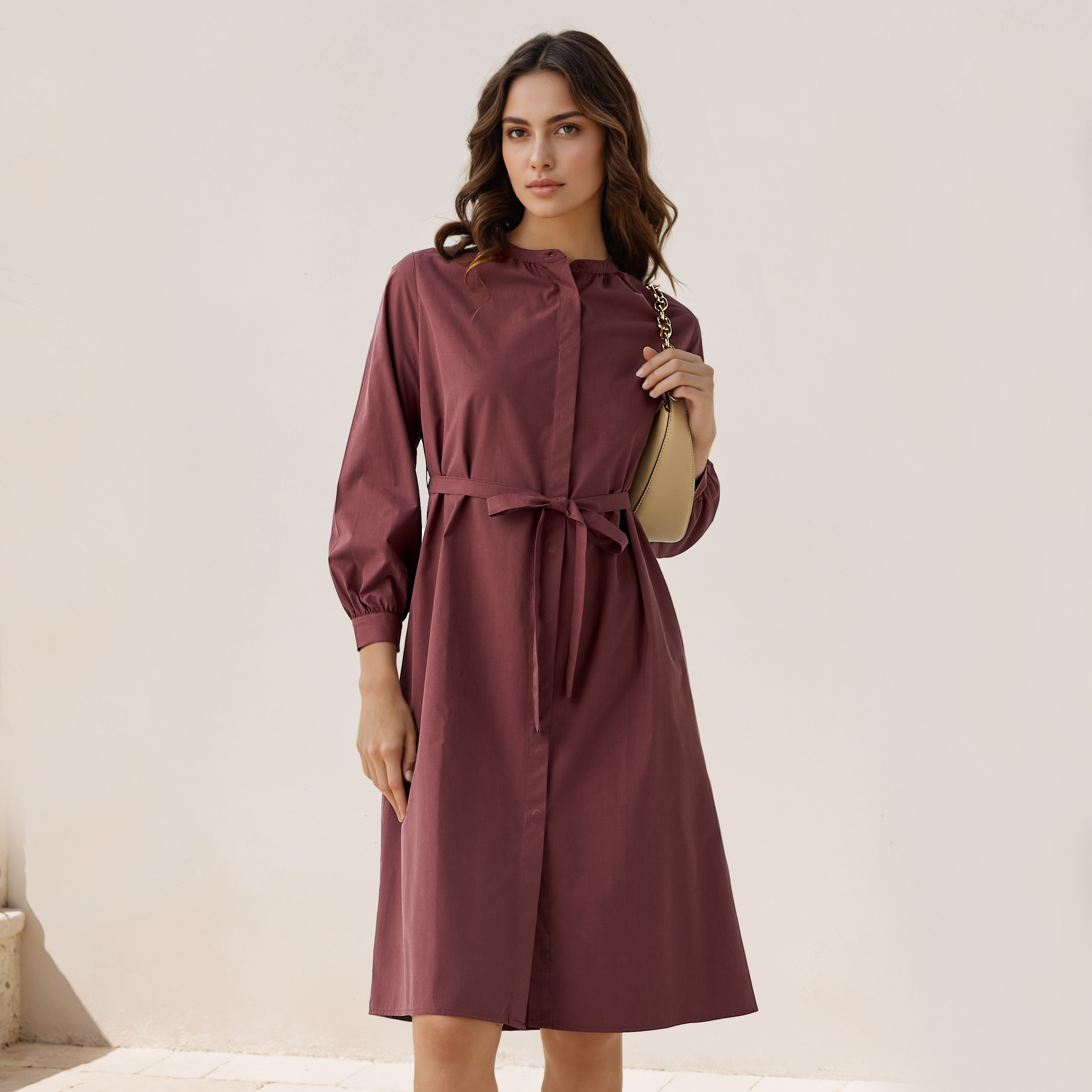 Shirt Knee-Length Dress with Waist Tie-Up-women-clothing-dresses-image-1