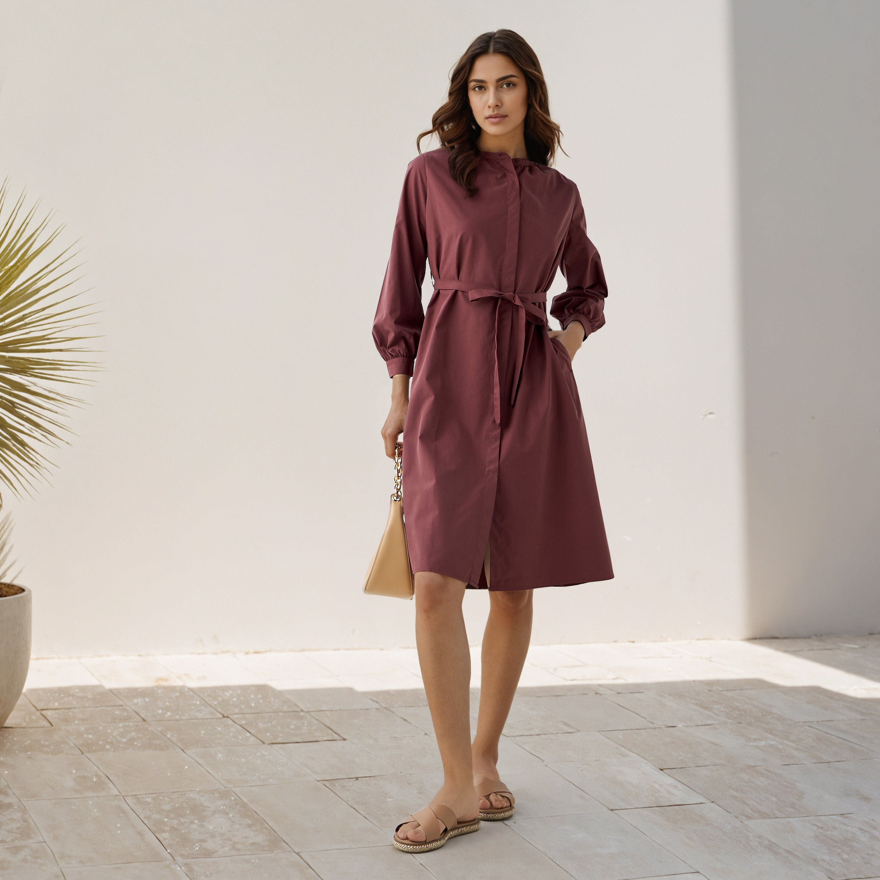 Shirt Knee-Length Dress with Waist Tie-Up-women-clothing-dresses-image-2
