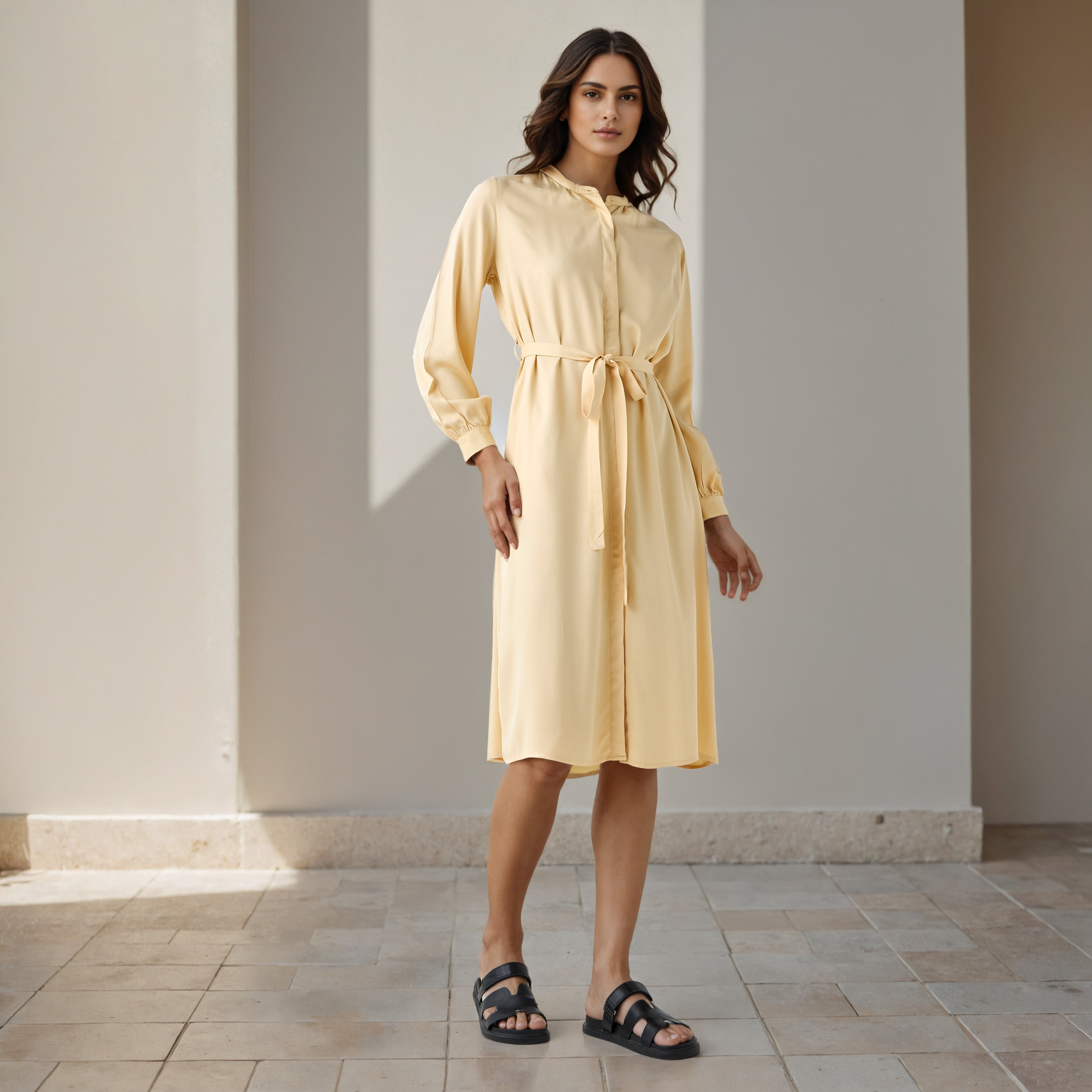 Shirt Midi Rayon Dress with Mandarin Collar-women-clothing-dresses-image-2