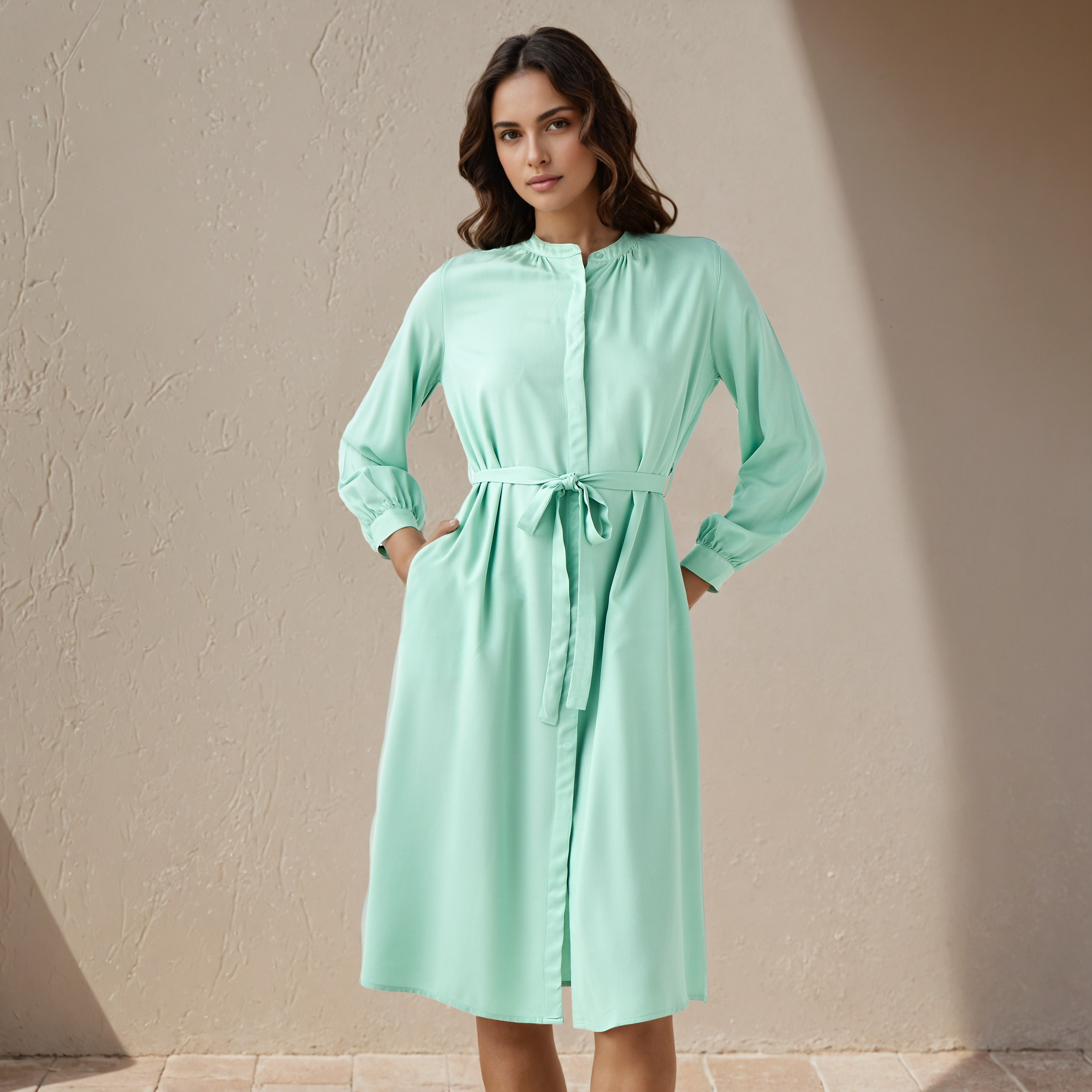 Shirt Midi Rayon Dress with Mandarin Collar-PROMO_SP_QA_BUNDLE_2FOR159_180925-image-1