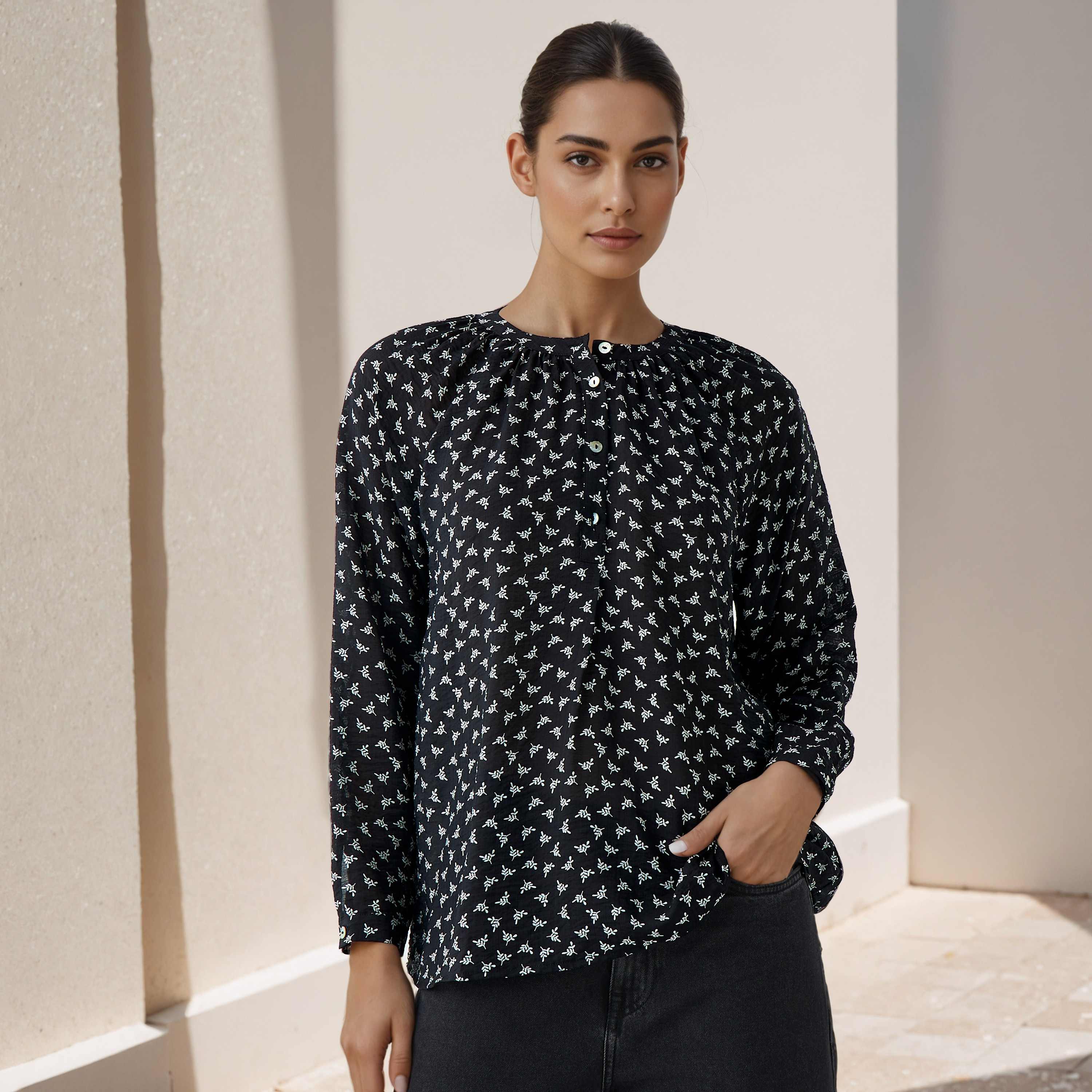 Mandarin Collar Top with Print-women-clothing-shirtsandblouses-blouses-image-1