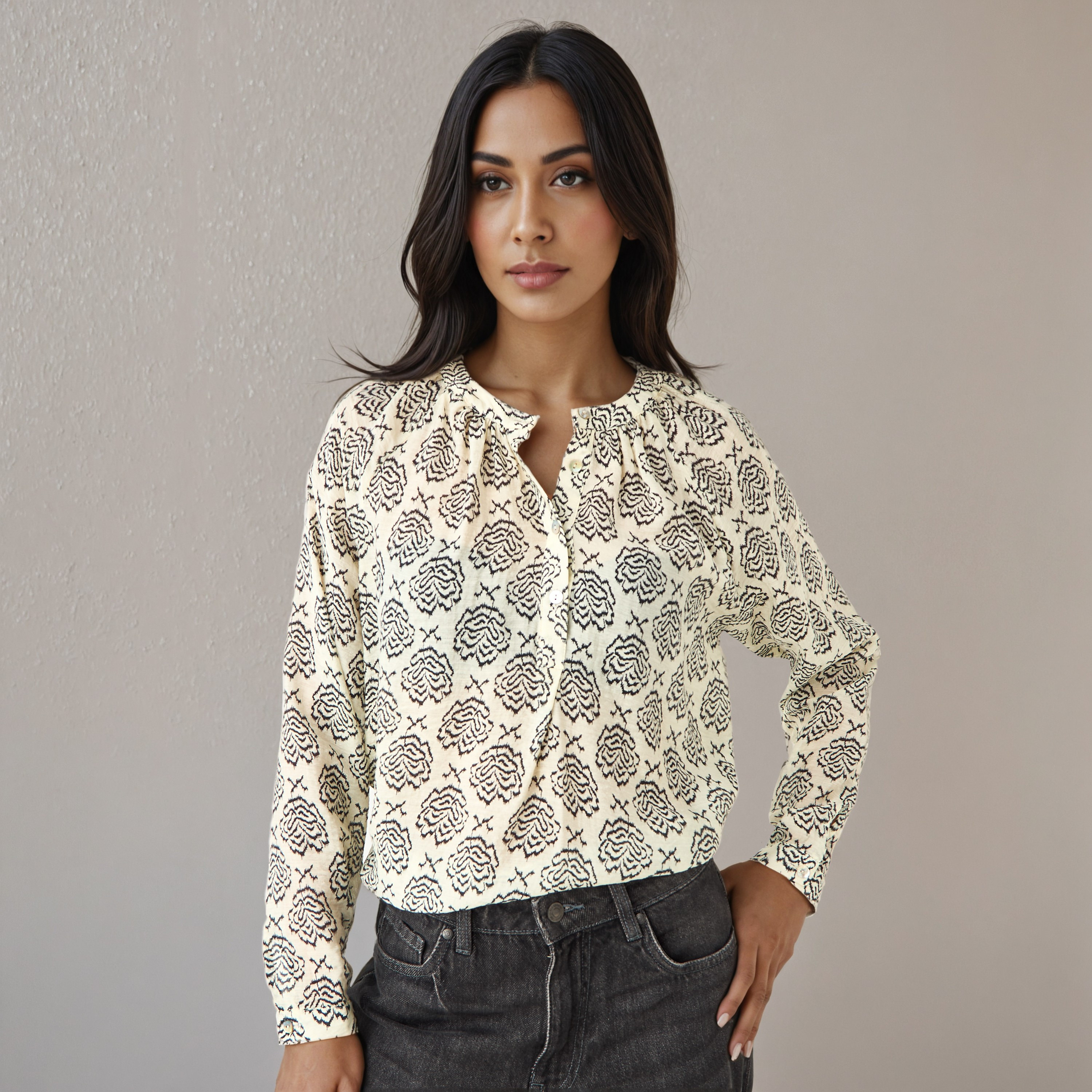 Mandarin Collar Top with Print-women-clothing-shirtsandblouses-blouses-image-1