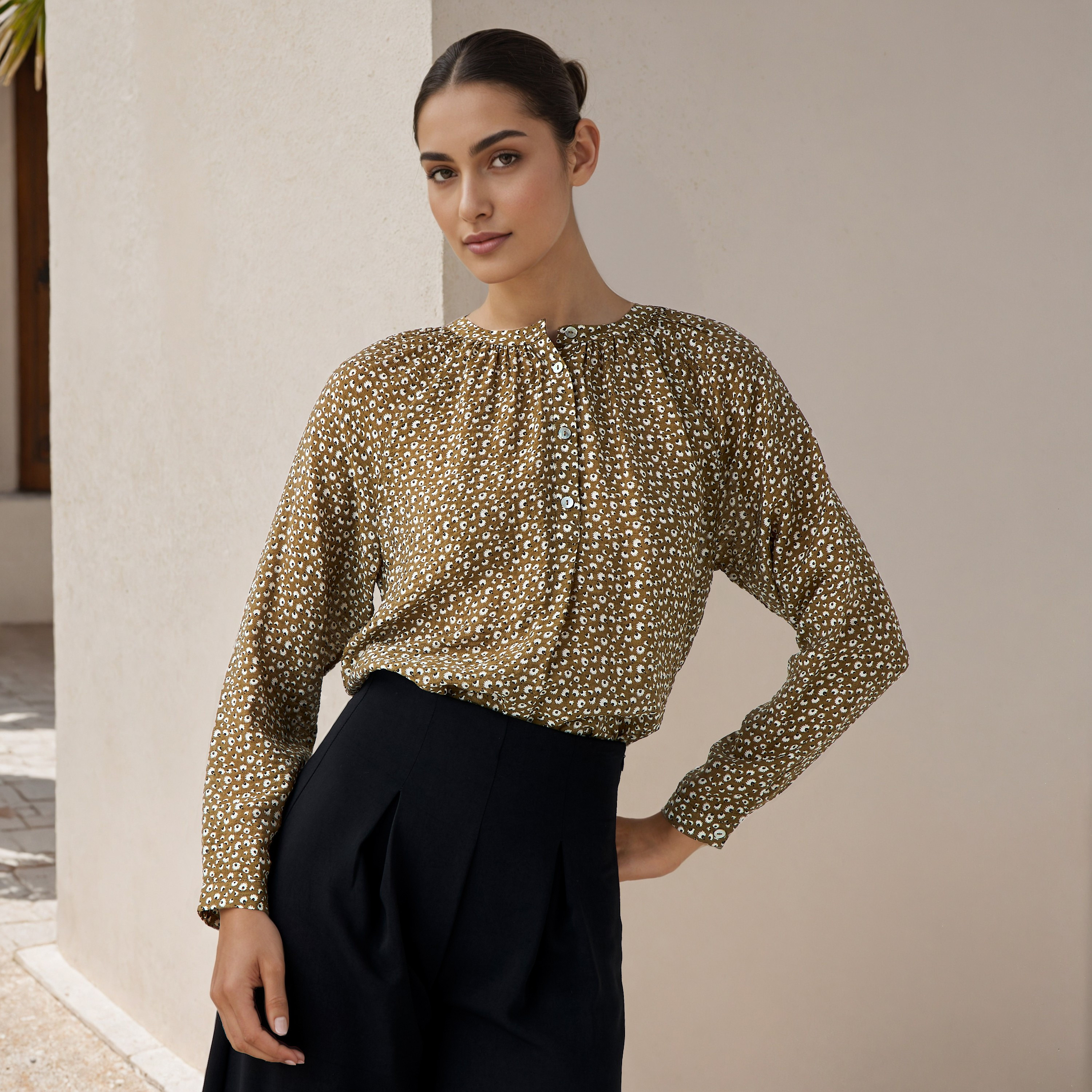 Mandarin Collar Top with Floral Print-women-clothing-shirtsandblouses-blouses-image-1
