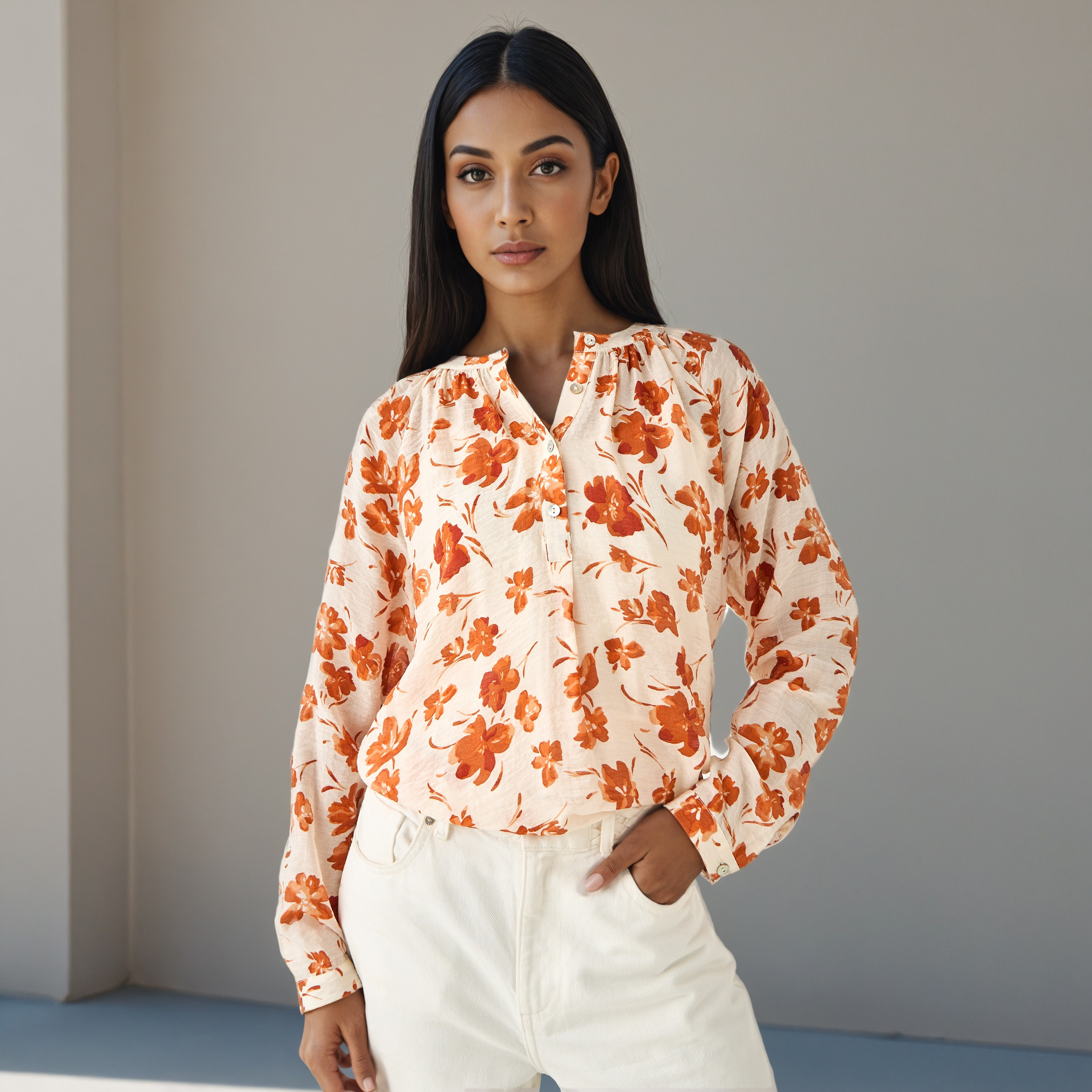 Mandarin Collar Top with Floral Print-women-clothing-shirtsandblouses-blouses-image-1
