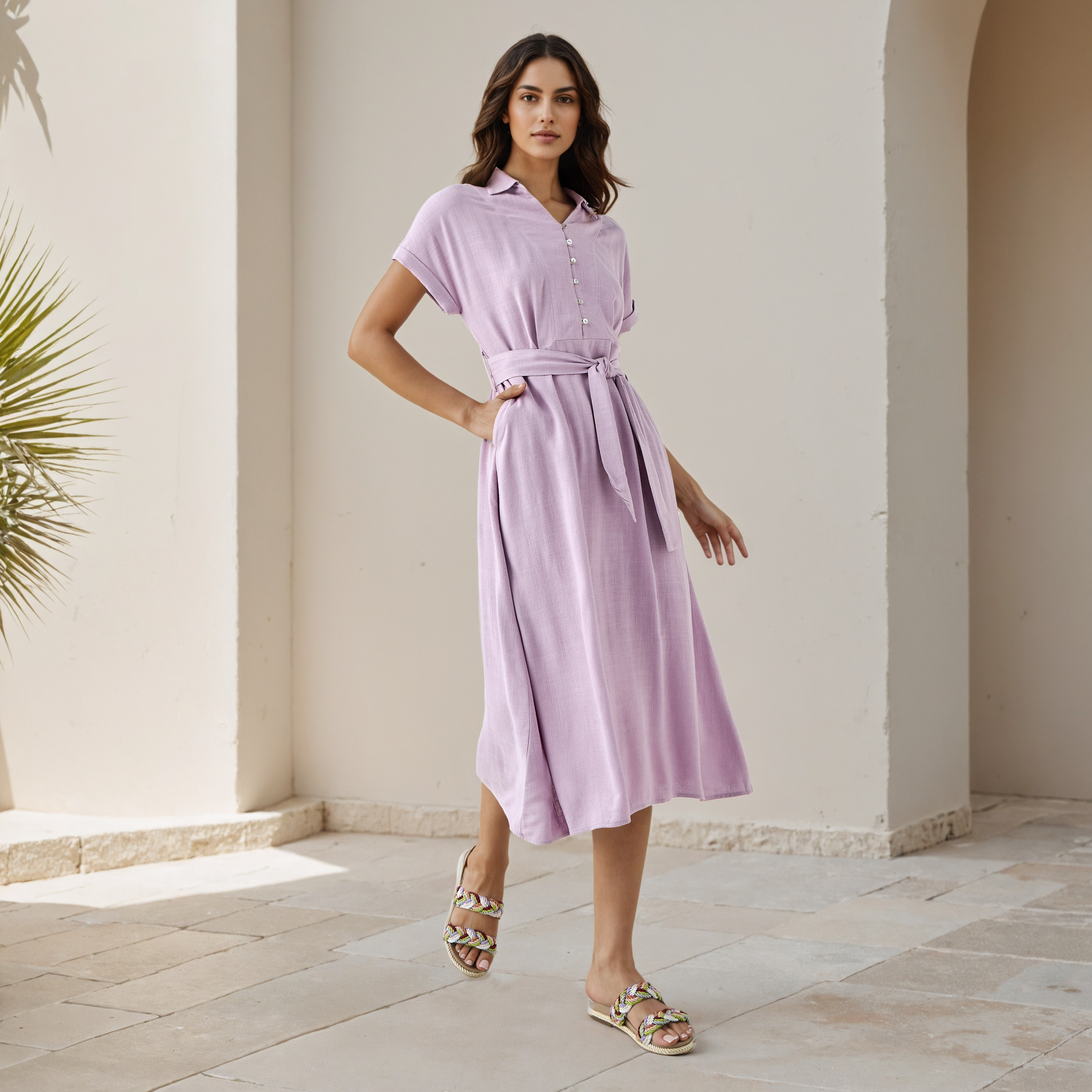 Linen Blend Midi Shirt Dress with Waist Tie-Up-PROMO_SP_QA_BUNDLE_2FOR159_180925-image-2