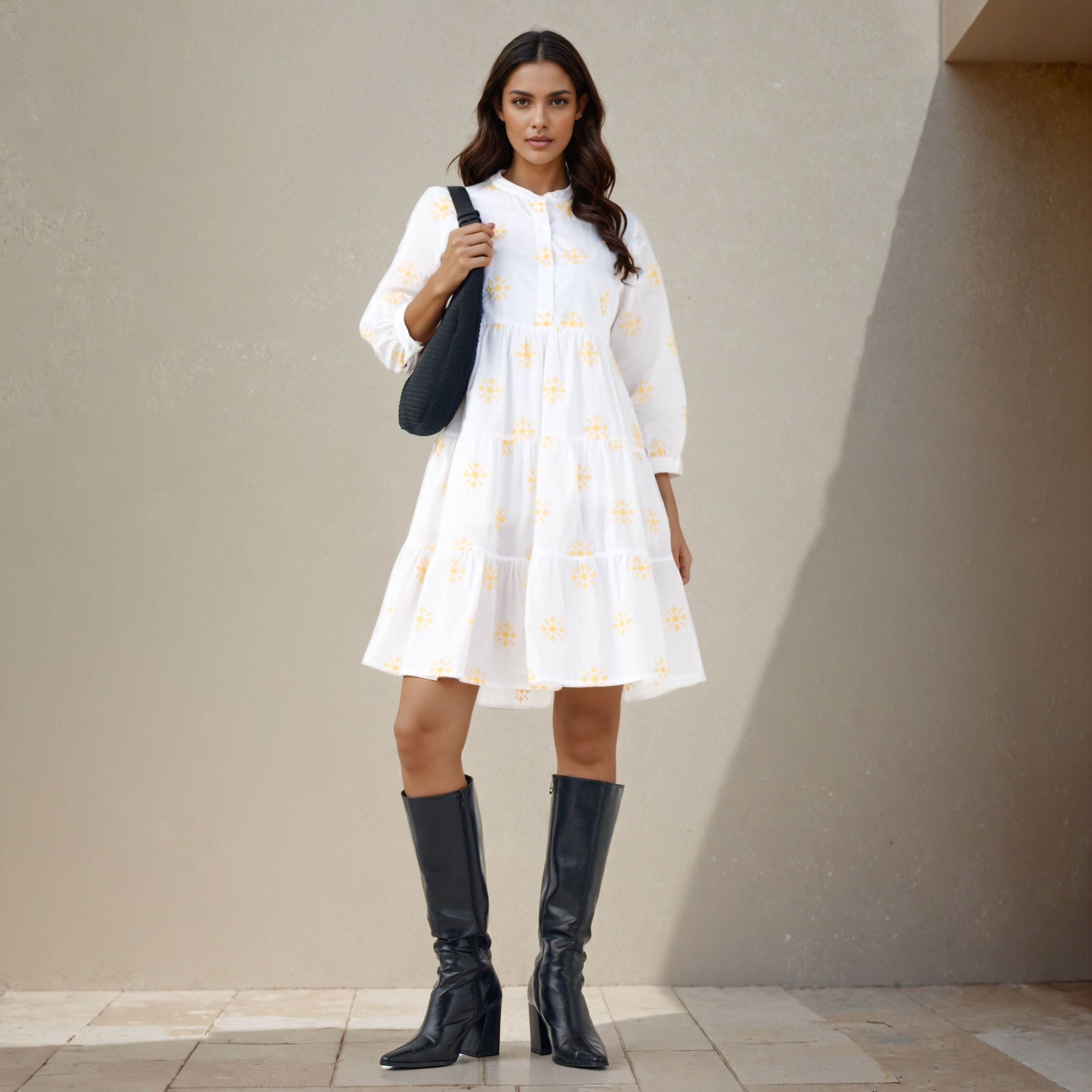 Embroidered Tiered Women Dress with Mandarin Collar Cotton-women-clothing-dresses-image-2