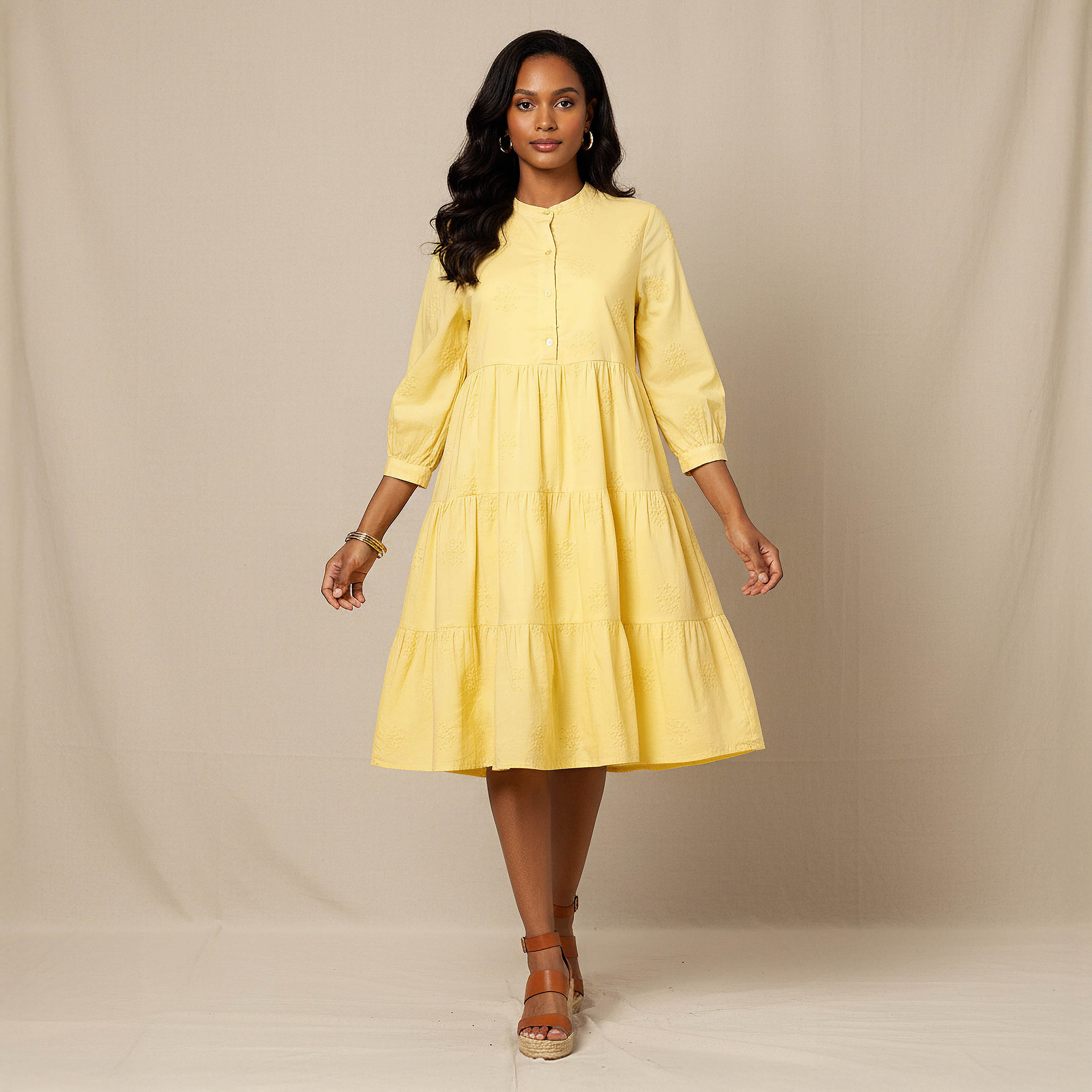 Embroidered Tiered Women Dress with Mandarin Collar Cotton-women-clothing-dresses-image-1