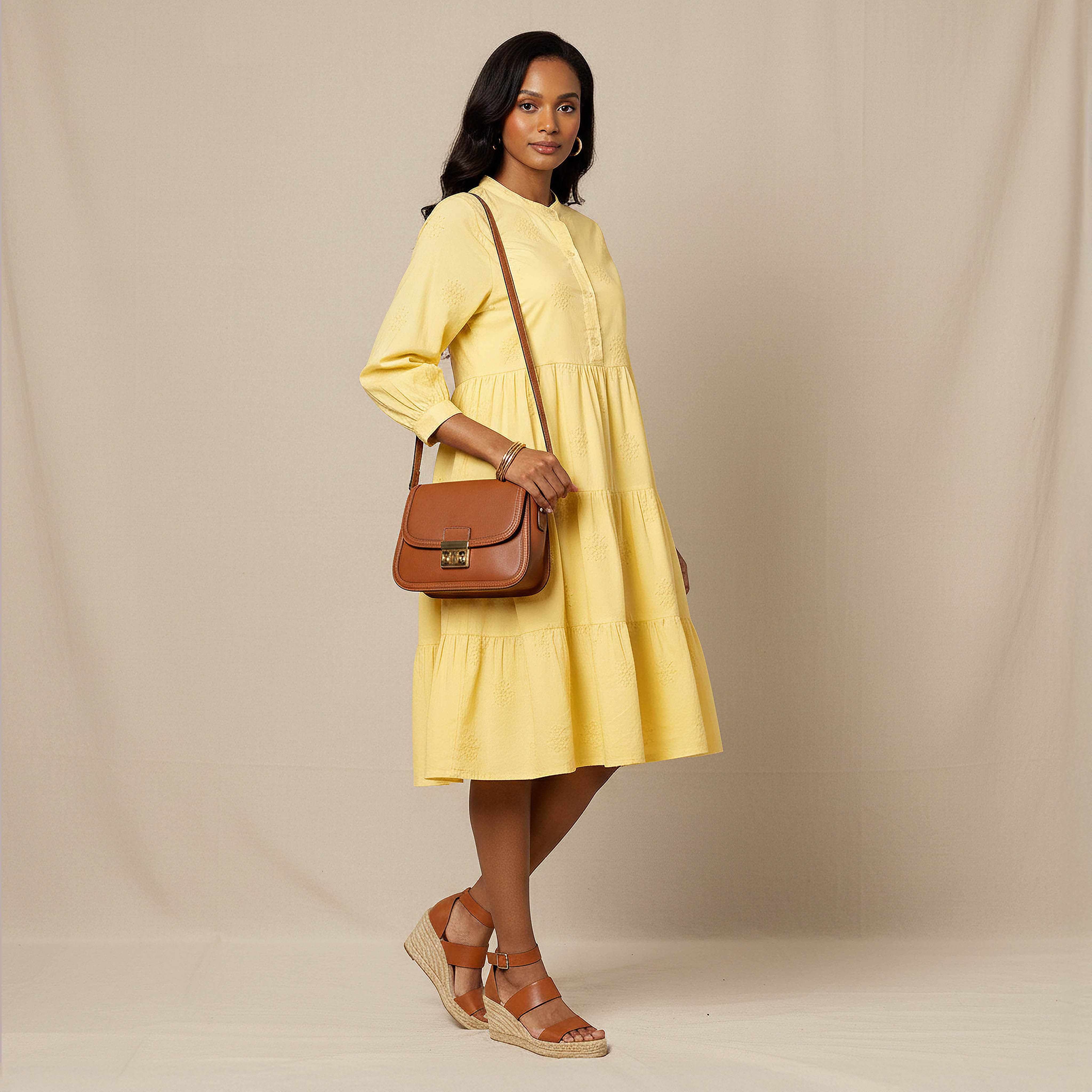 Embroidered Tiered Women Dress with Mandarin Collar Cotton-women-clothing-dresses-image-2