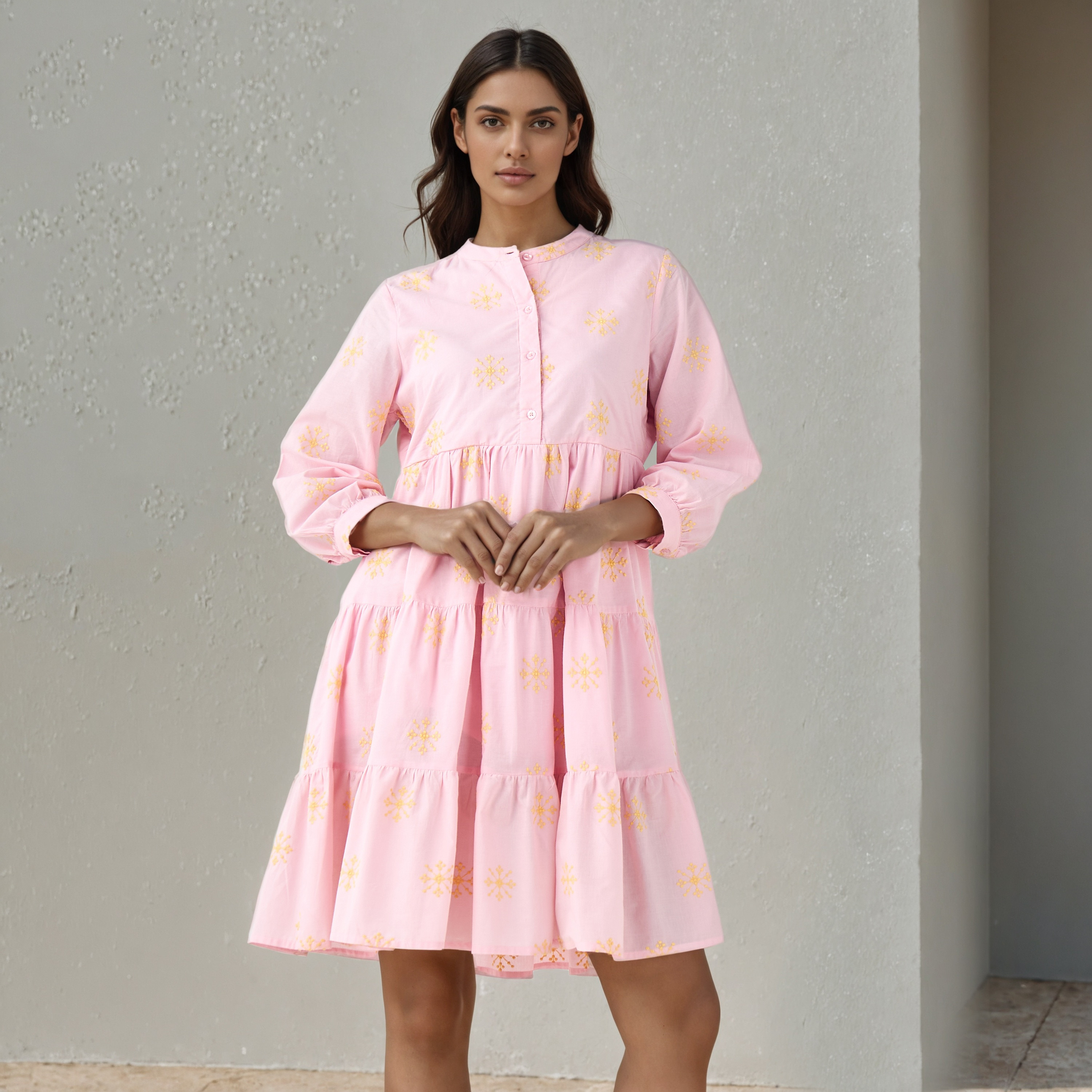 Embroidered Tiered Women Dress with Mandarin Collar Cotton-women-clothing-dresses-image-1