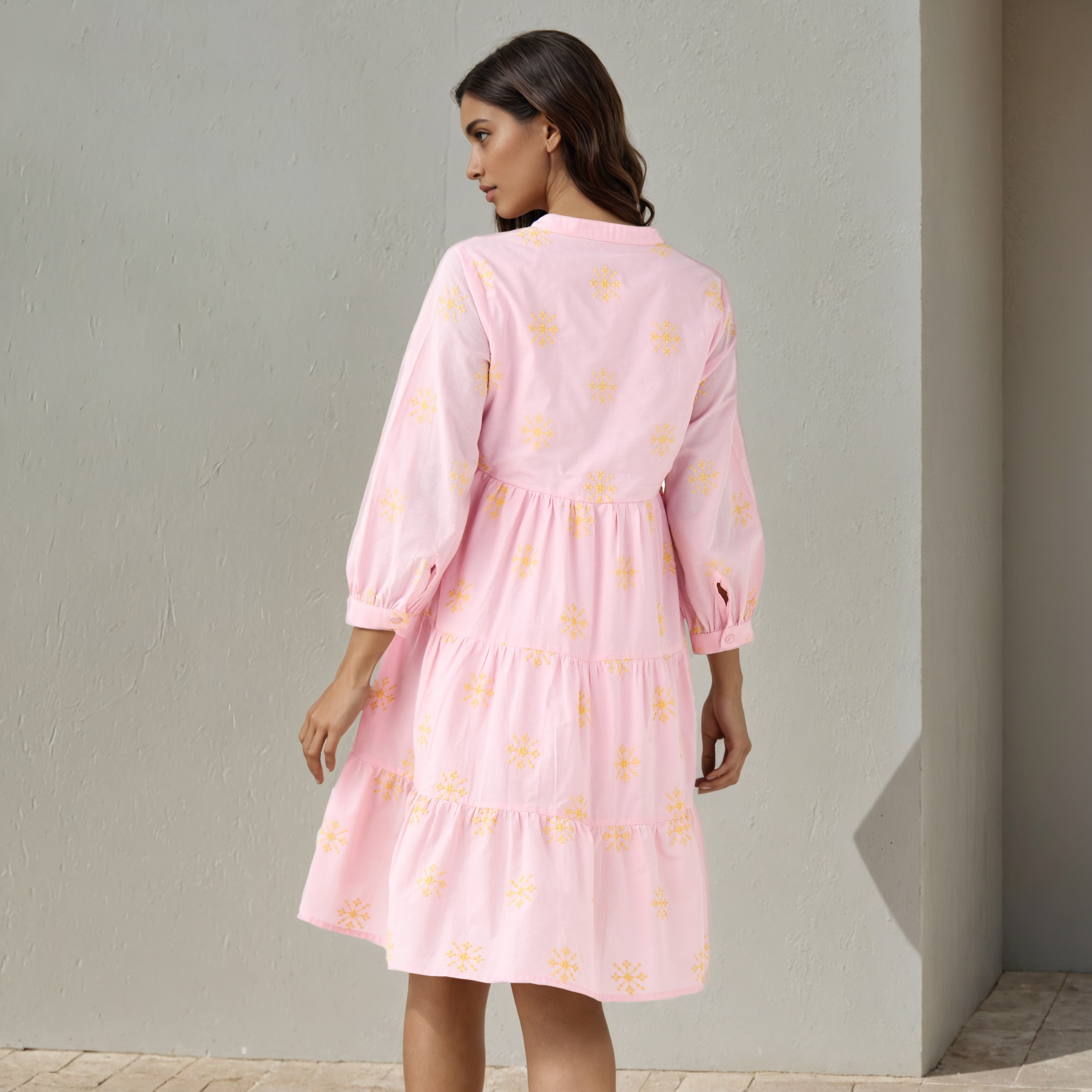 Embroidered Tiered Women Dress with Mandarin Collar Cotton-women-clothing-dresses-image-3