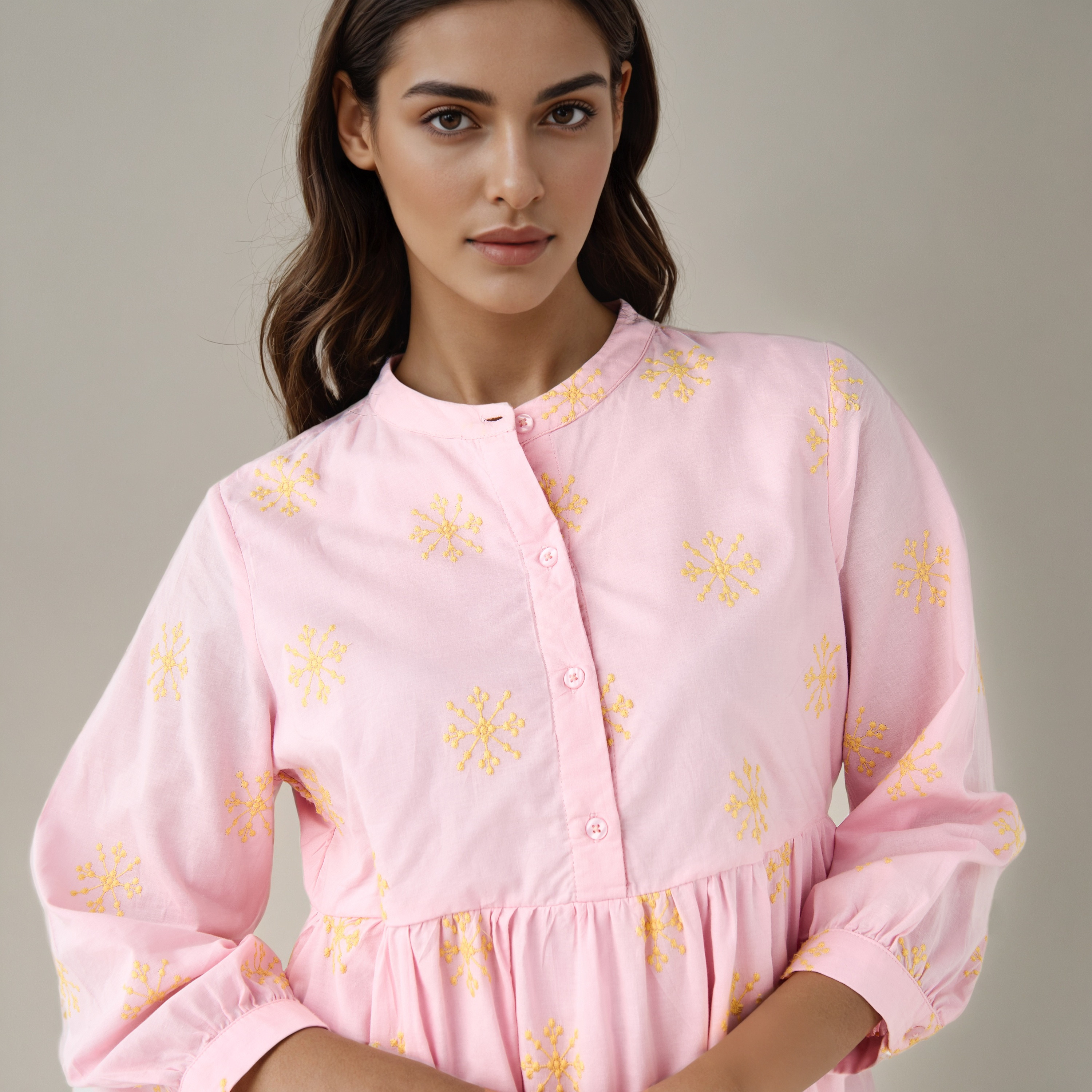 Embroidered Tiered Women Dress with Mandarin Collar Cotton-women-clothing-dresses-image-4