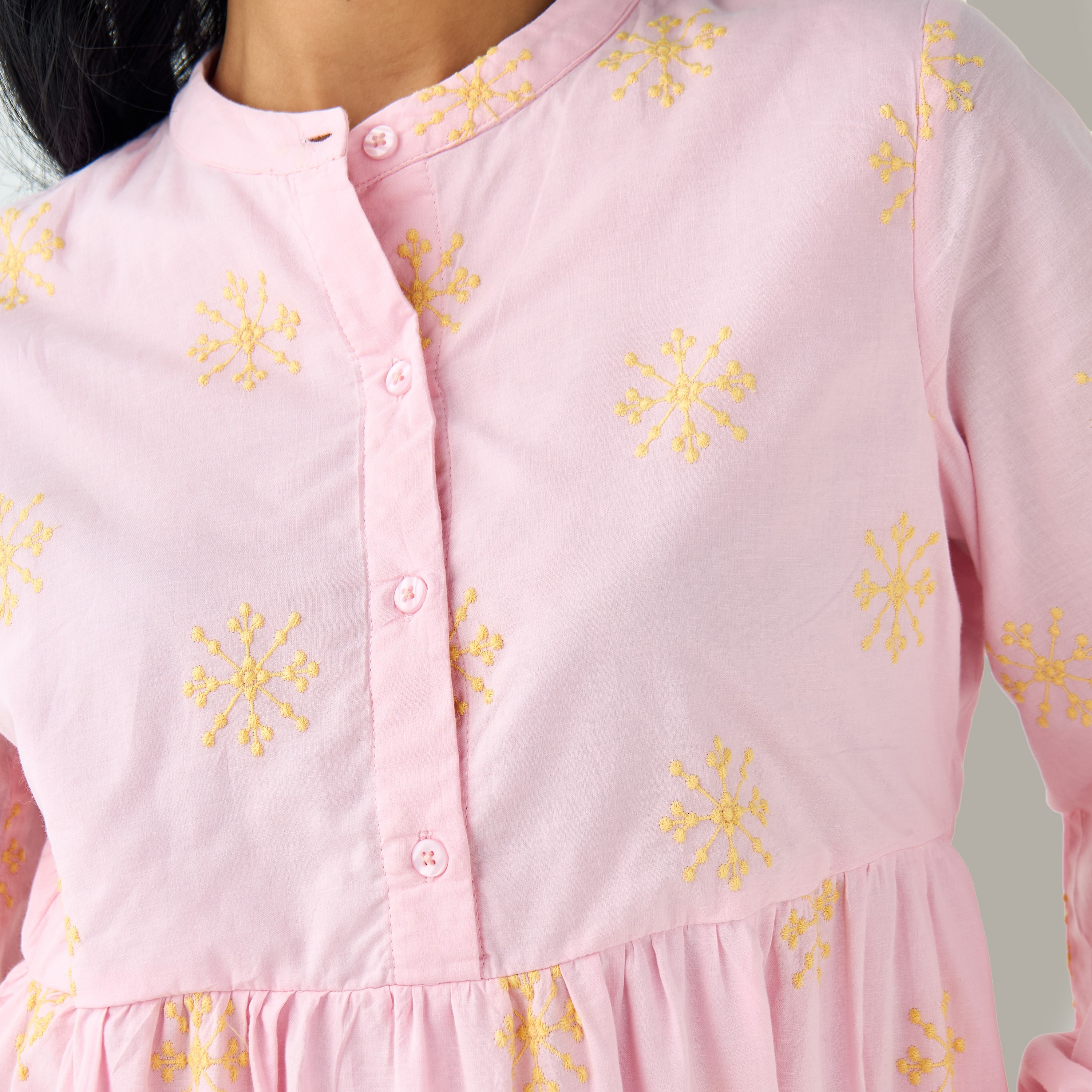 Embroidered Tiered Women Dress with Mandarin Collar Cotton-women-clothing-dresses-image-5