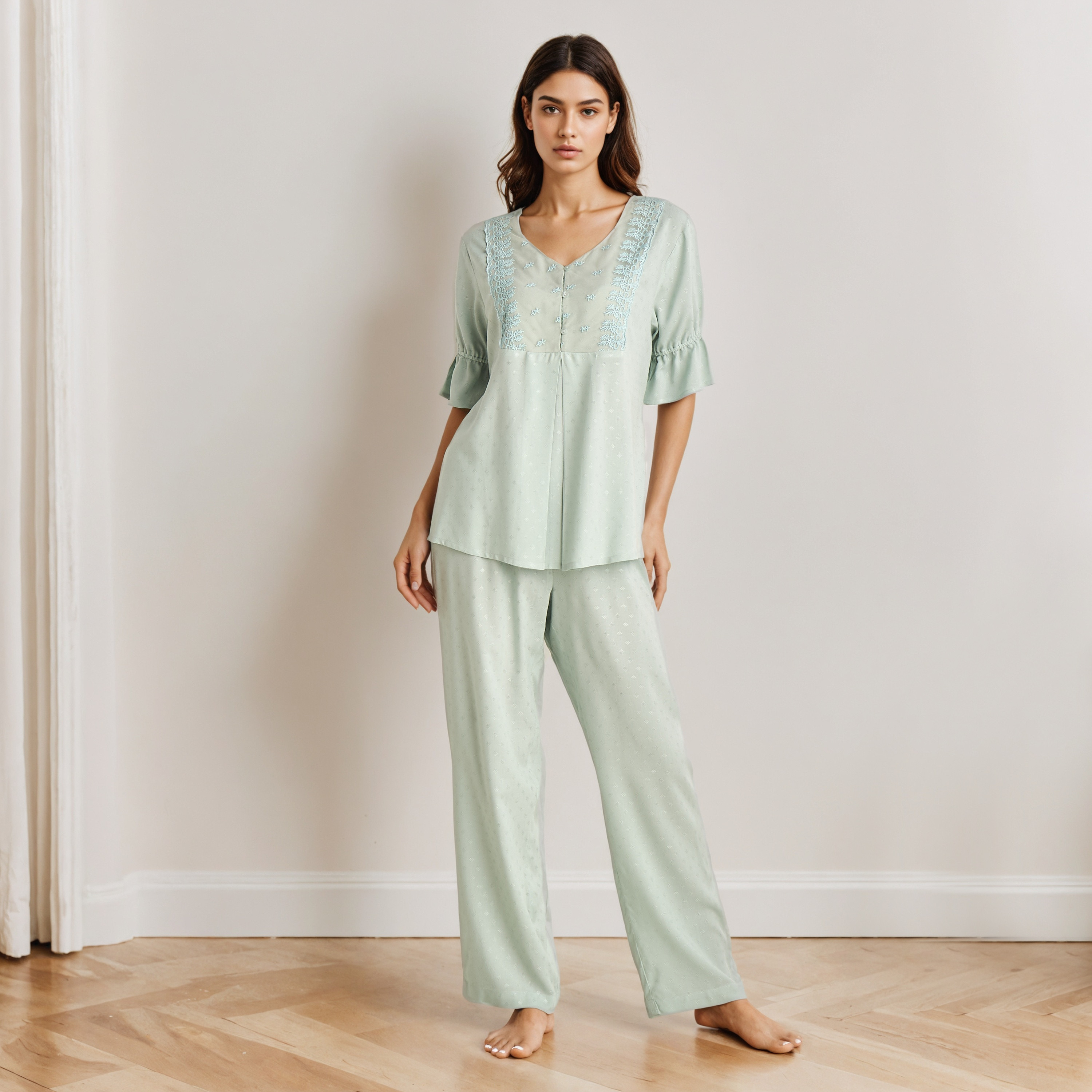 Pyjama Set Button Down Shirt & Trousers Viscose-women-clothing-nightwear-pyjamas-longsets-image-1