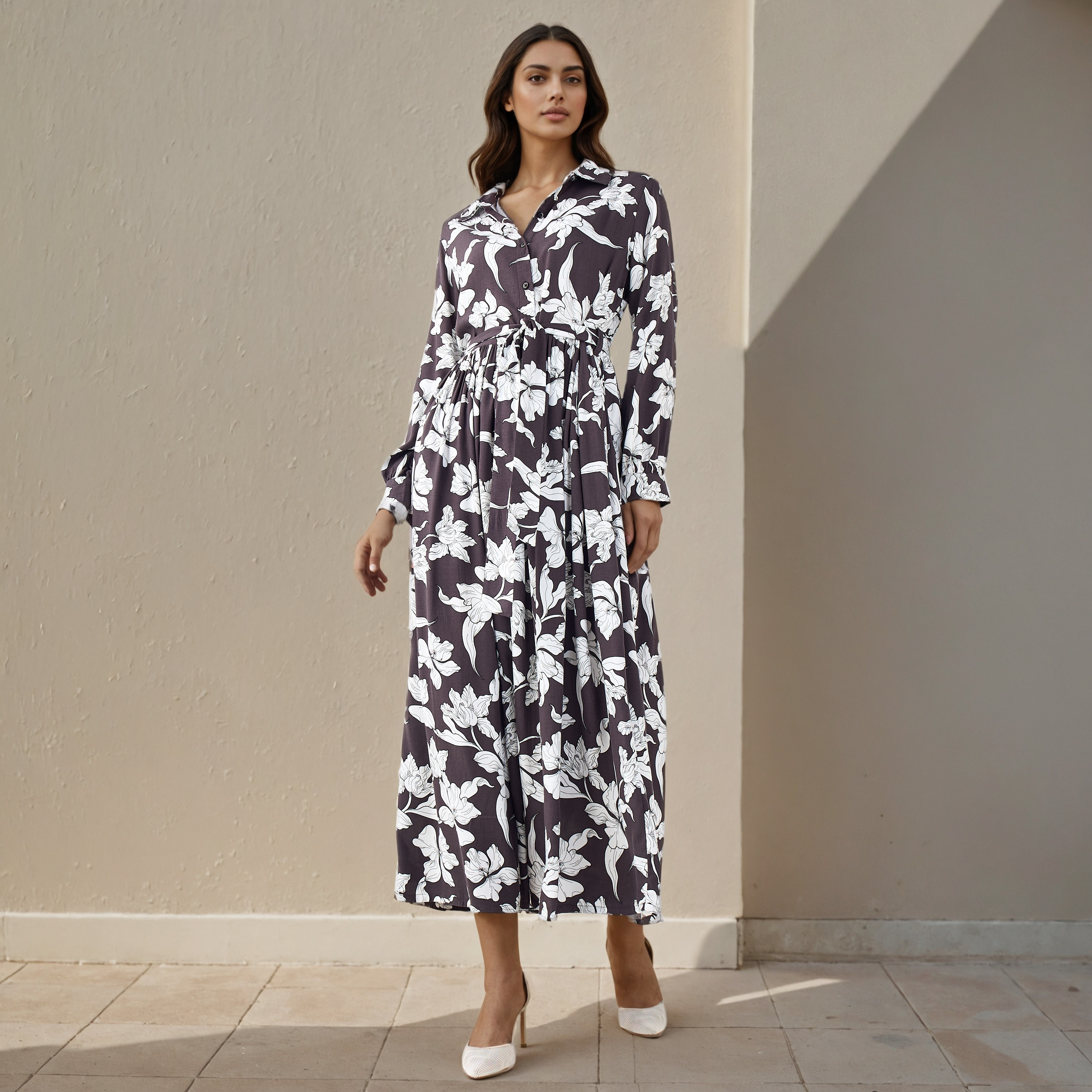 فستان فيسكوز نسائي بطبعة زهور وبتفاصيل رباط-women-clothing-dresses-image-1