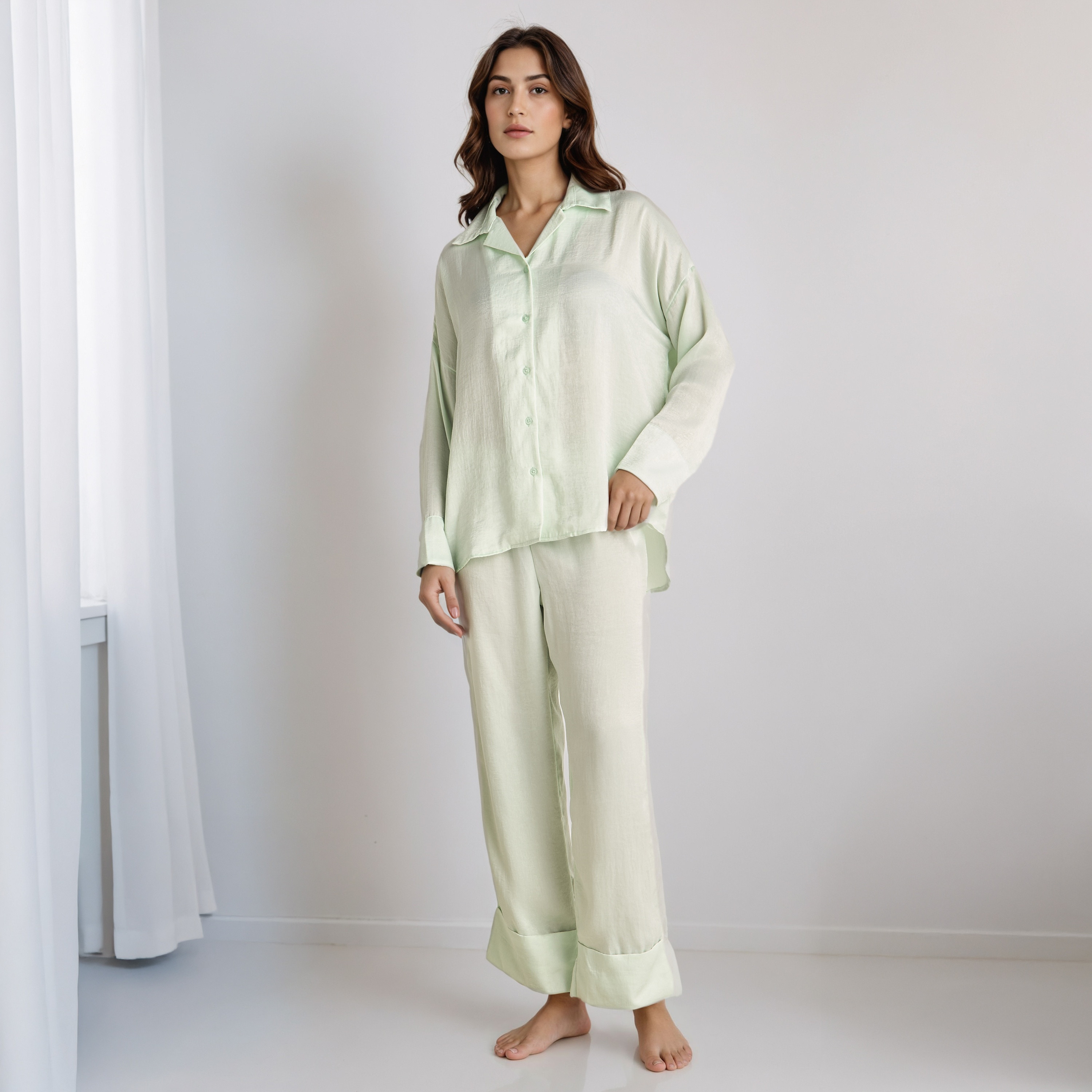 Pyjama Set Collared Shirt & Trousers Polyester-women-clothing-nightwear-pyjamas-longsets-image-1