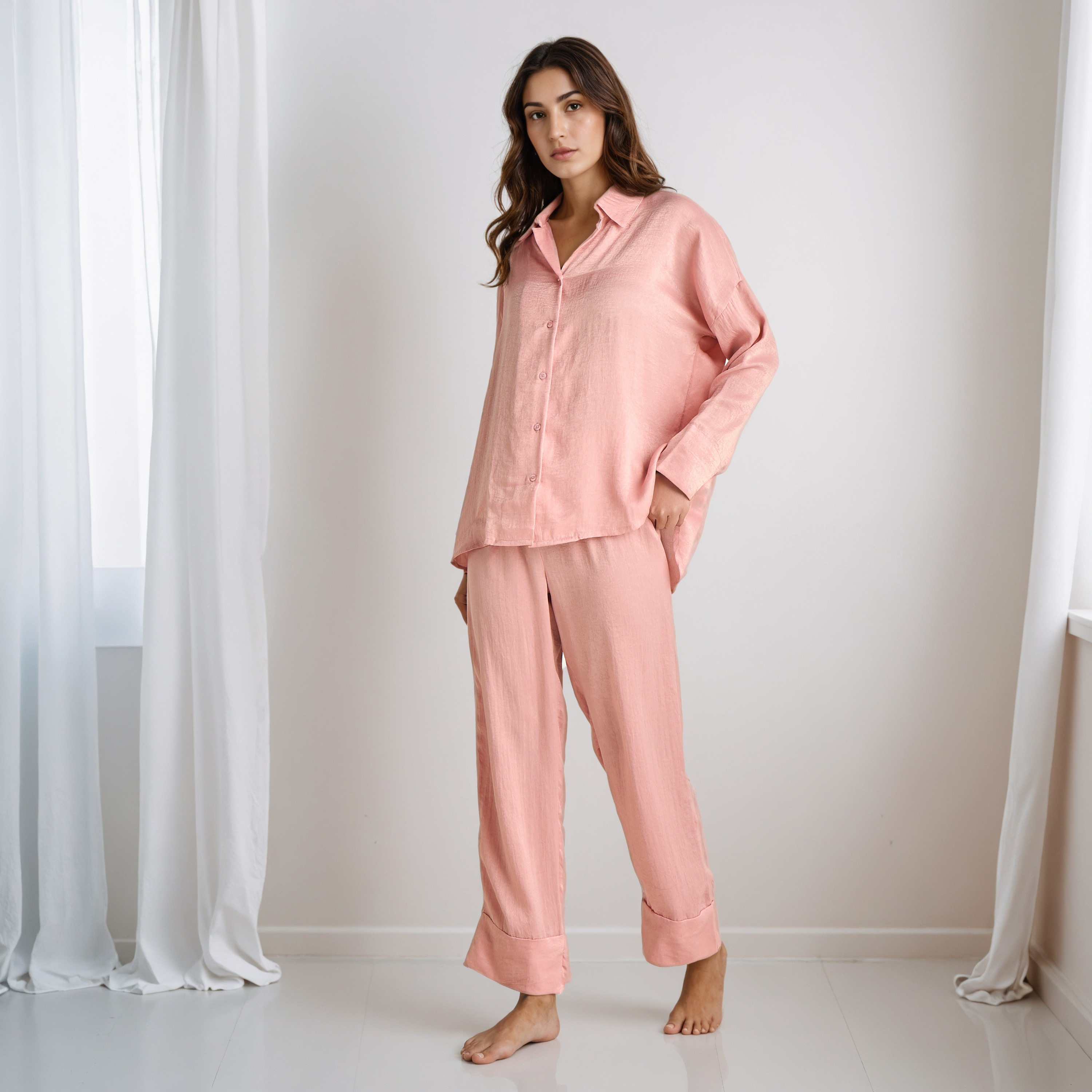 Pyjama Set Collared Shirt & Trousers Polyester-women-clothing-nightwear-pyjamas-longsets-image-1