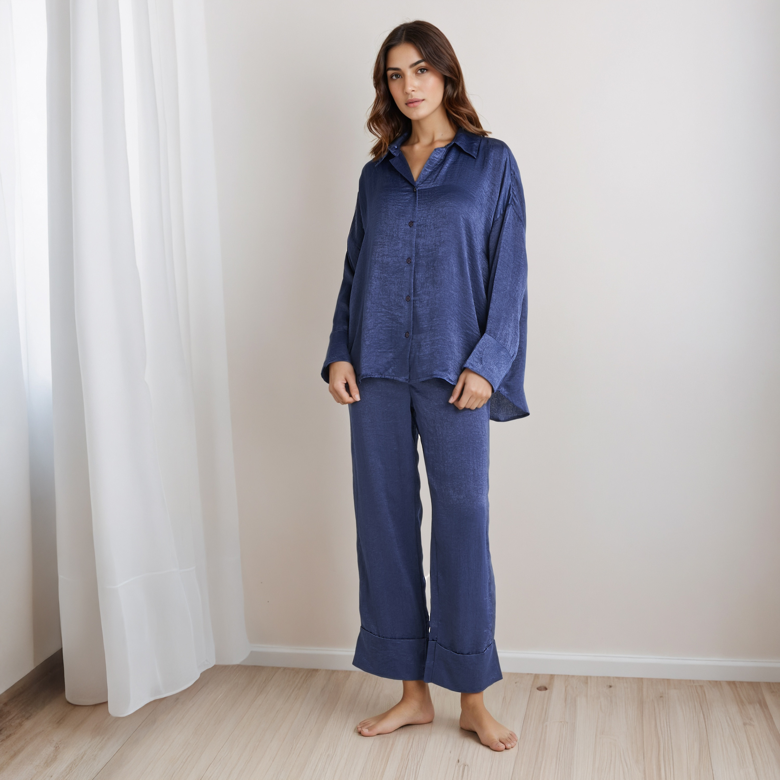 Pyjama Set Collared Shirt & Trousers Polyester-women-clothing-nightwear-pyjamas-longsets-image-1