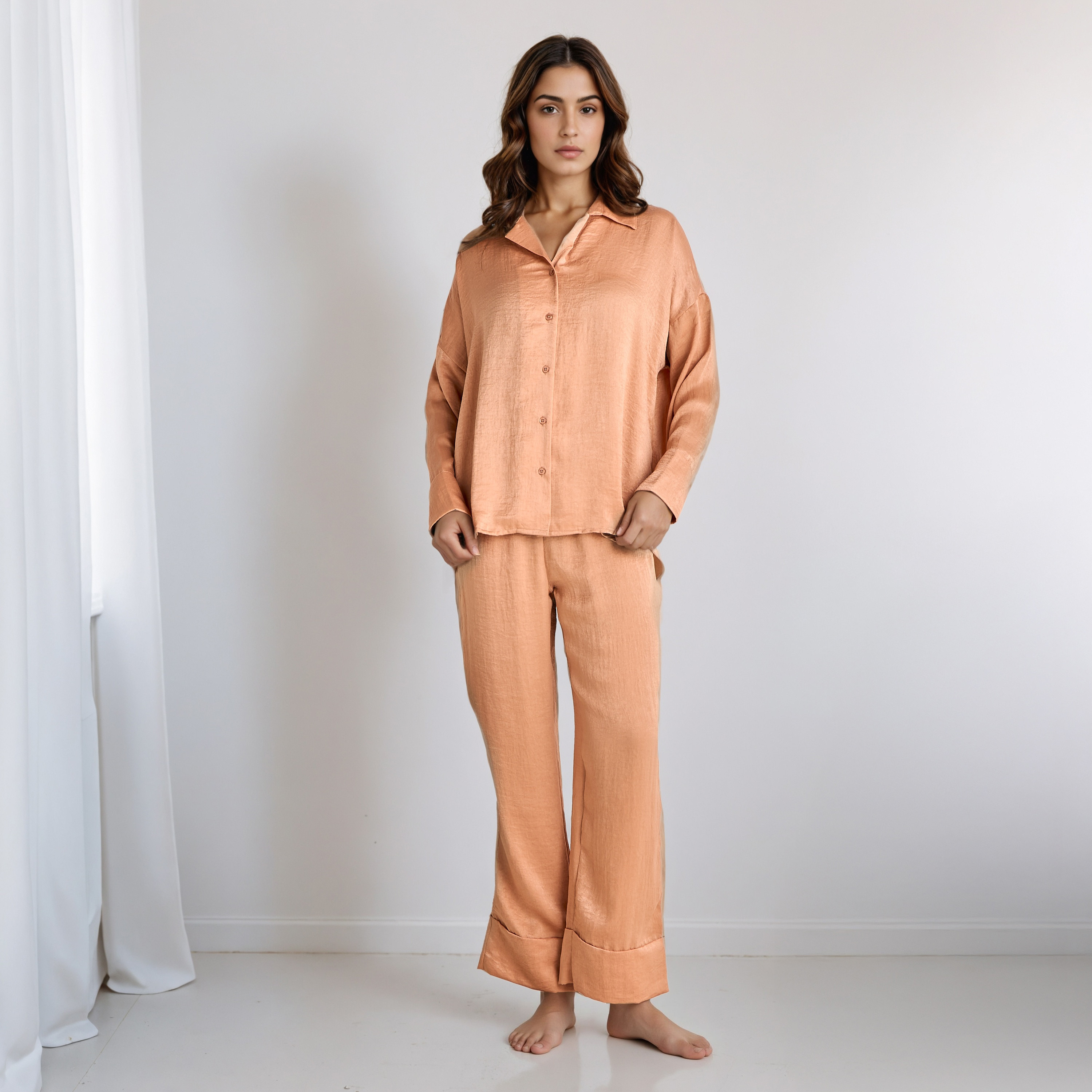 Pyjama Set Collared Shirt & Trousers Polyester-women-clothing-nightwear-pyjamas-longsets-image-1