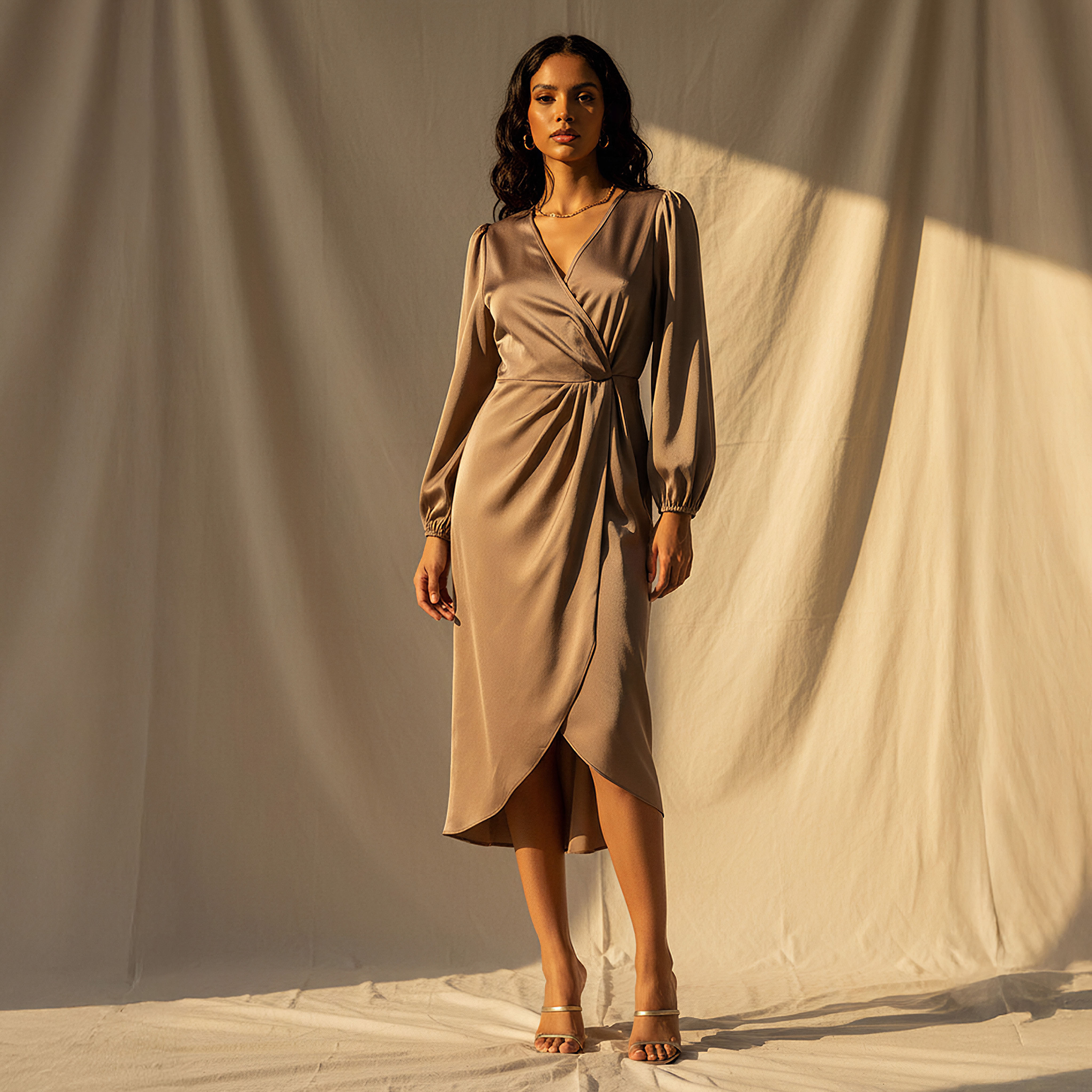 Wrap Midi Satin Dress with Puff Sleeves-women-clothing-dresses-image-1