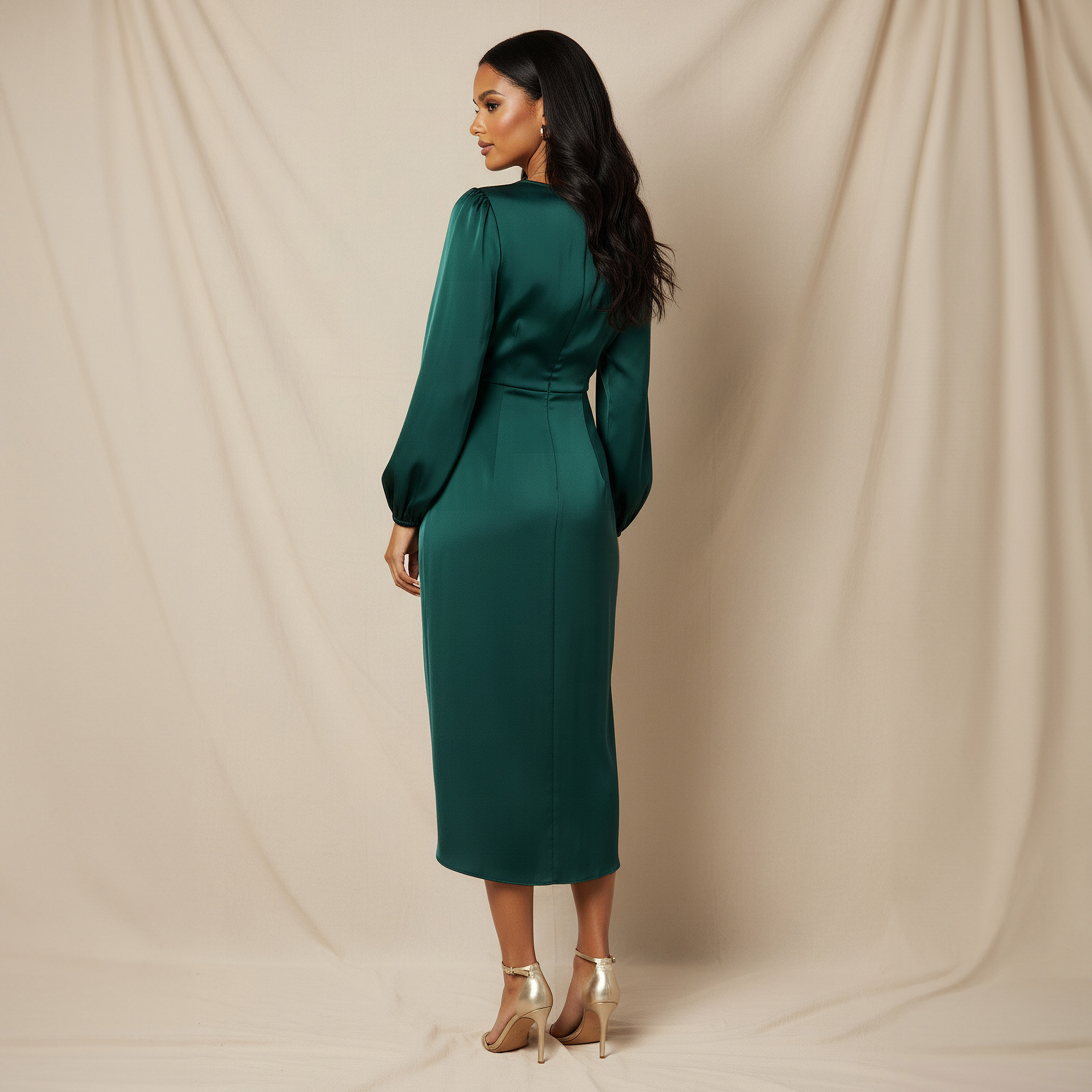 Wrap Midi Satin Dress with Puff Sleeves-women-clothing-dresses-image-3