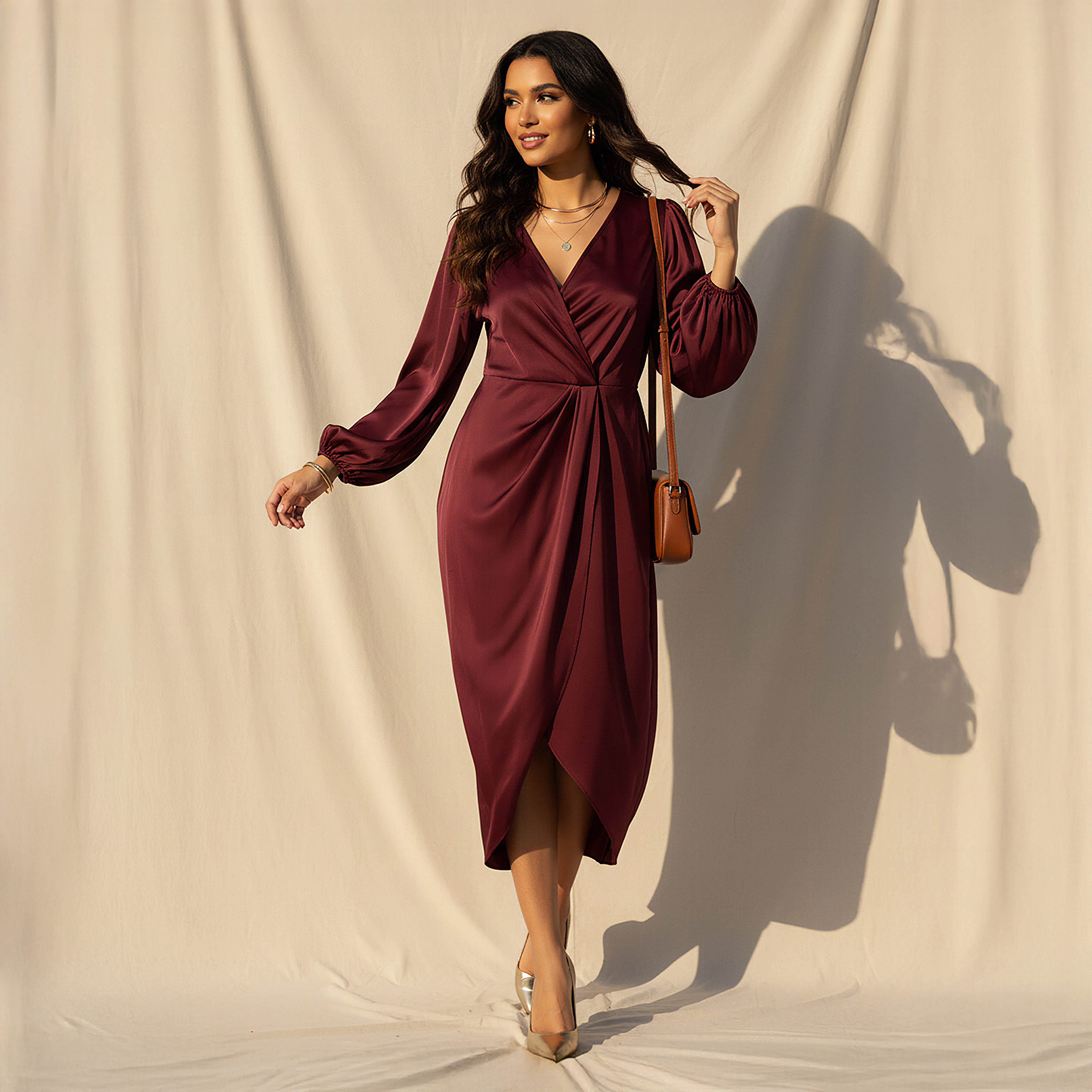 Wrap Midi Satin Dress with Puff Sleeves-women-clothing-dresses-image-1