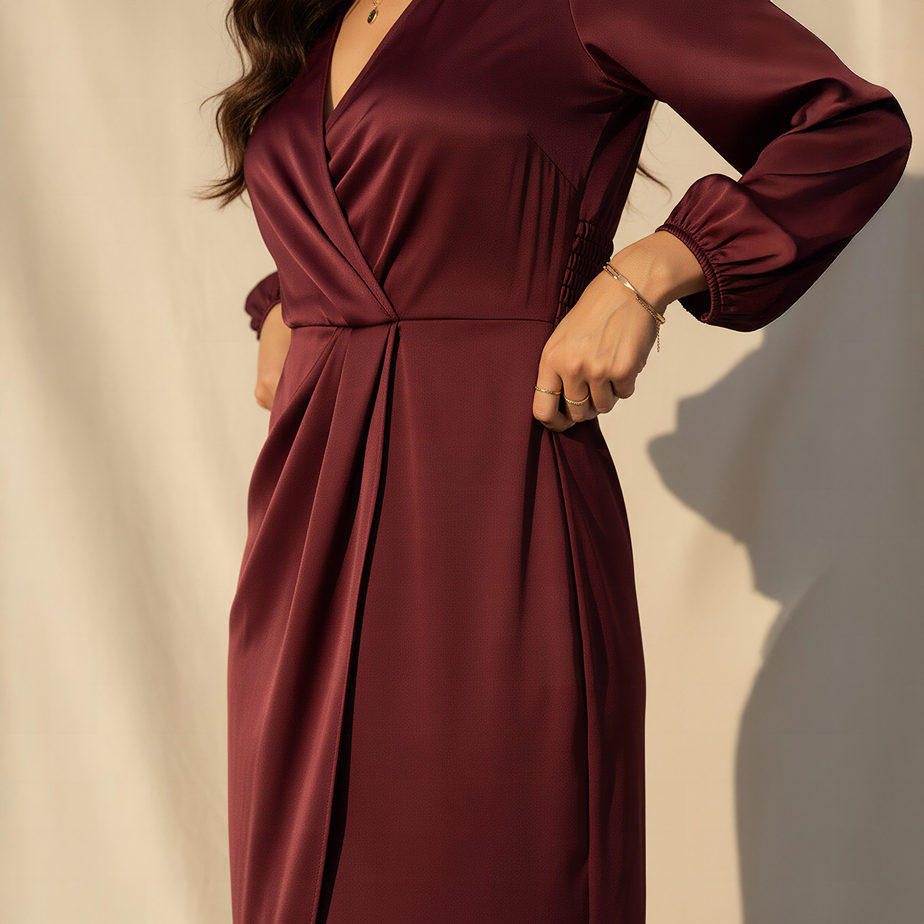 Wrap Midi Satin Dress with Puff Sleeves-women-clothing-dresses-image-4