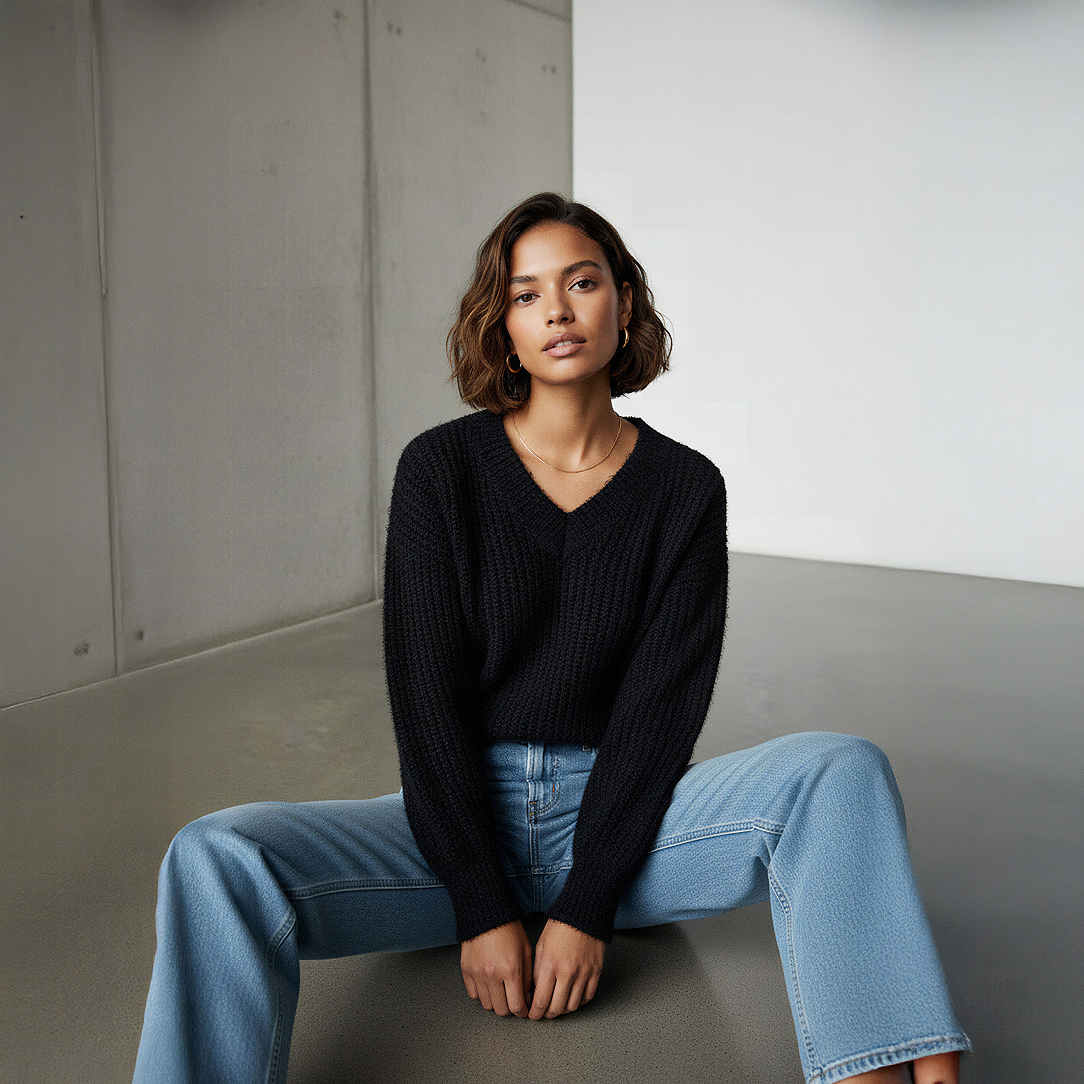 Textured V-neck Sweater with Long Sleeves-women-clothing-cardigansandjumpers-jumpers-image-5