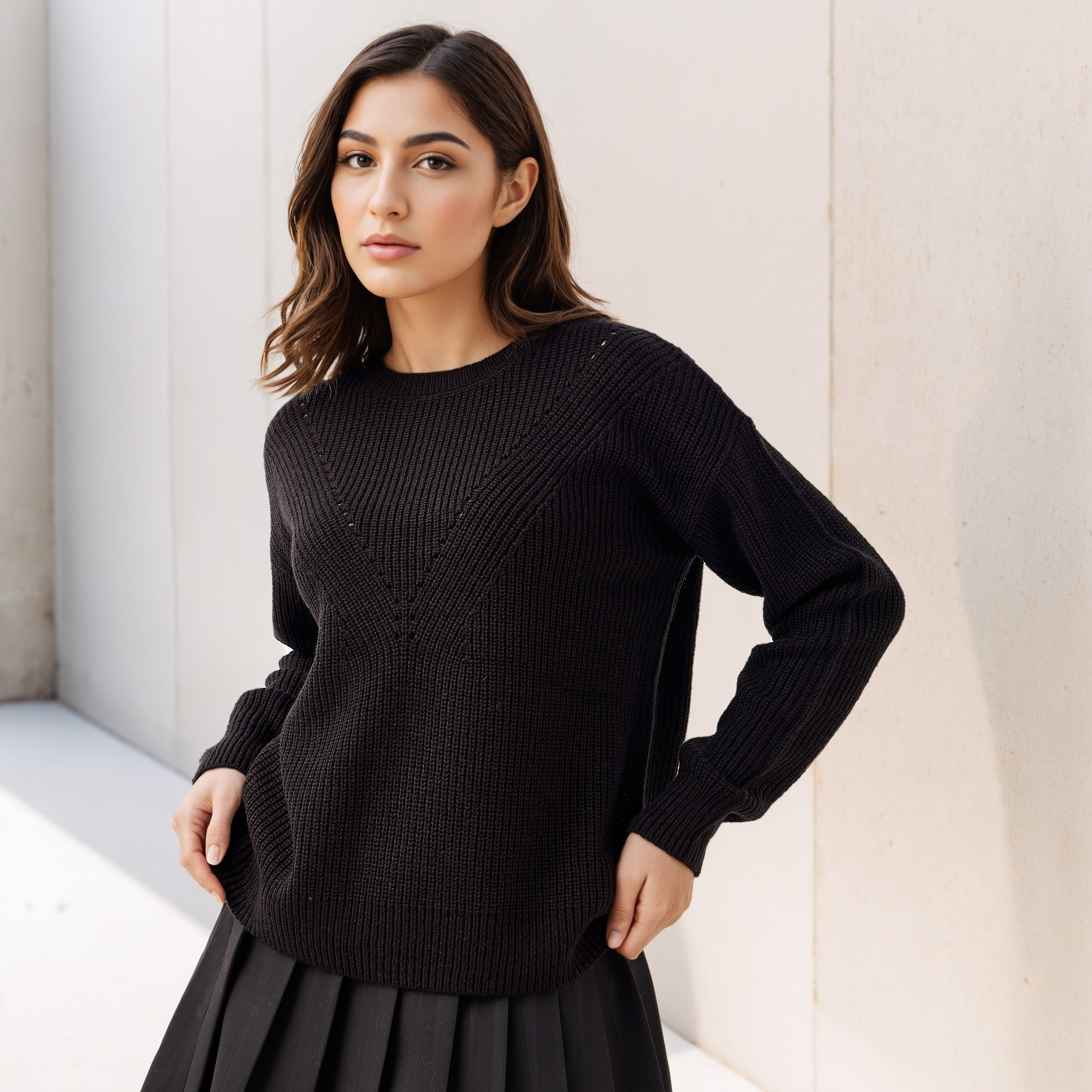 Textured Crew Neck Sweater with Long Sleeves-women-clothing-cardigansandjumpers-jumpers-image-1