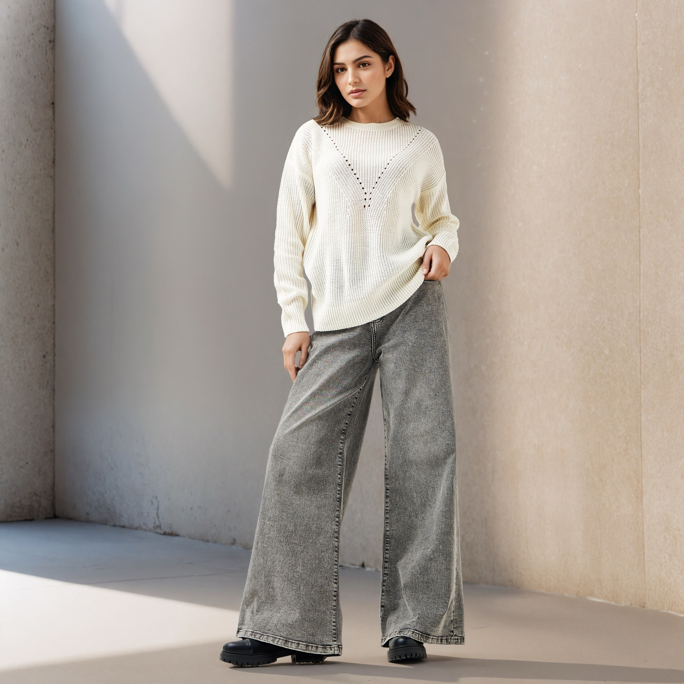 Textured Crew Neck Sweater with Long Sleeves-women-clothing-cardigansandjumpers-jumpers-image-2