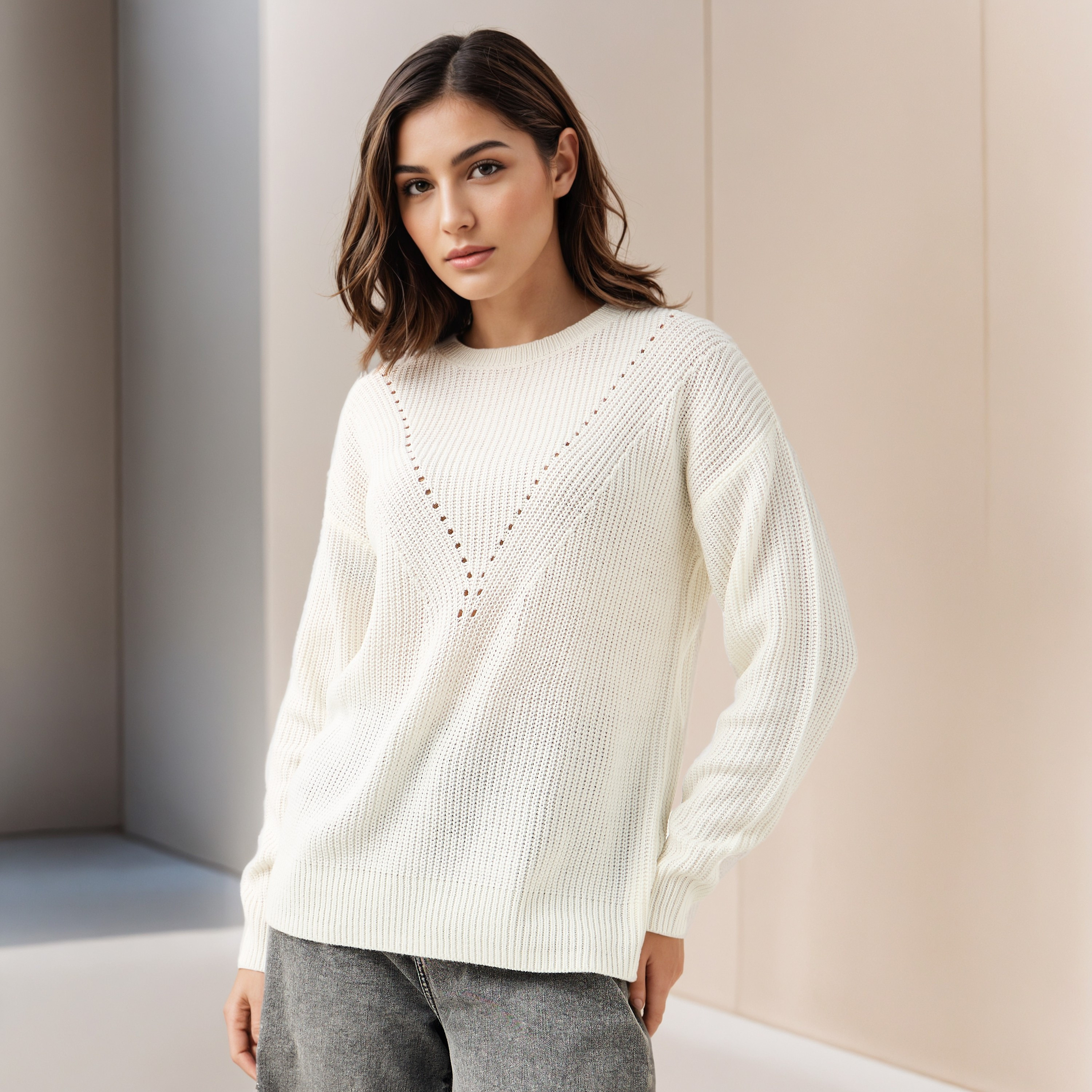 Textured Crew Neck Sweater with Long Sleeves-women-clothing-cardigansandjumpers-jumpers-image-4