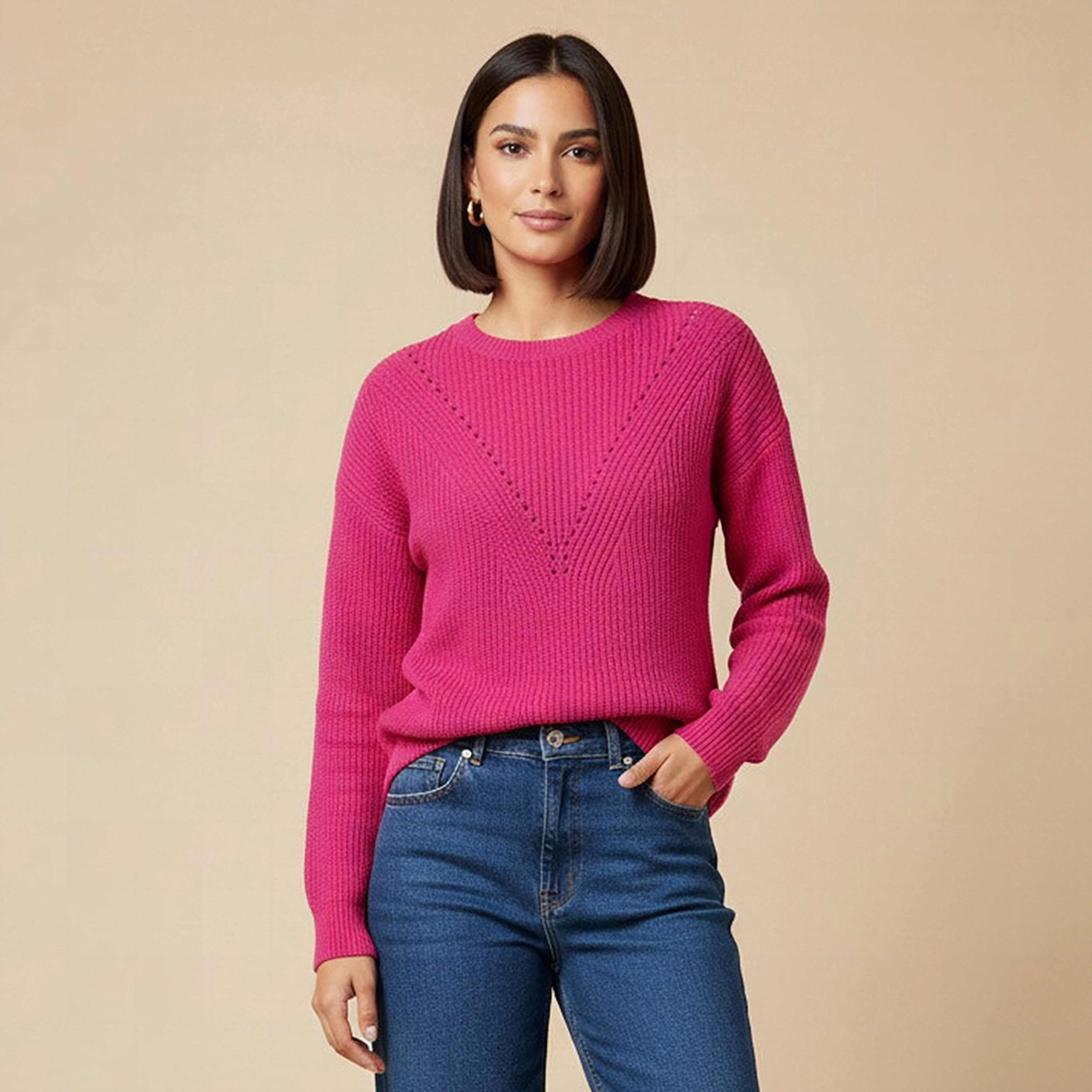 Textured Crew Neck Sweater with Long Sleeves-women-clothing-cardigansandjumpers-jumpers-image-1