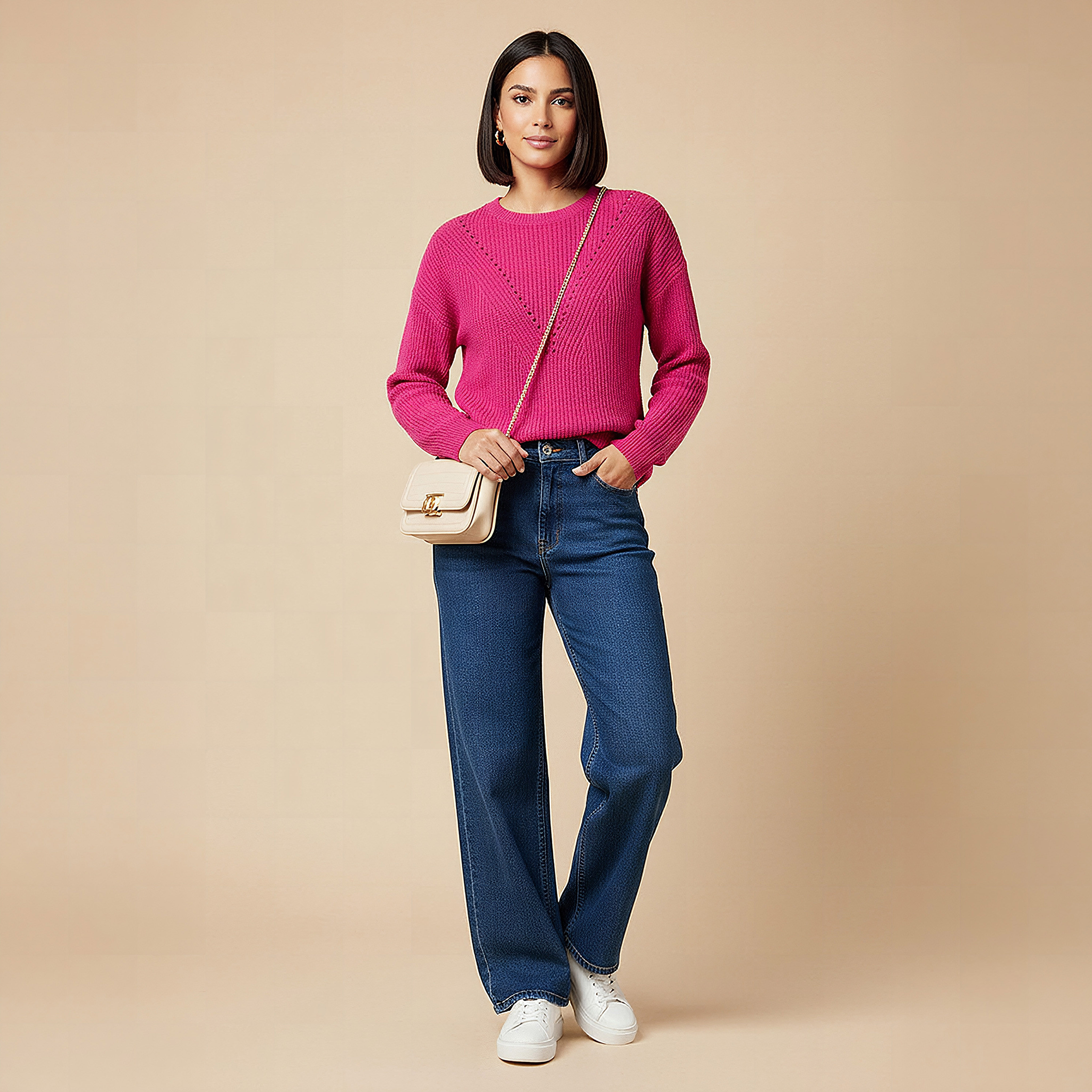 Textured Crew Neck Sweater with Long Sleeves-women-clothing-cardigansandjumpers-jumpers-image-2