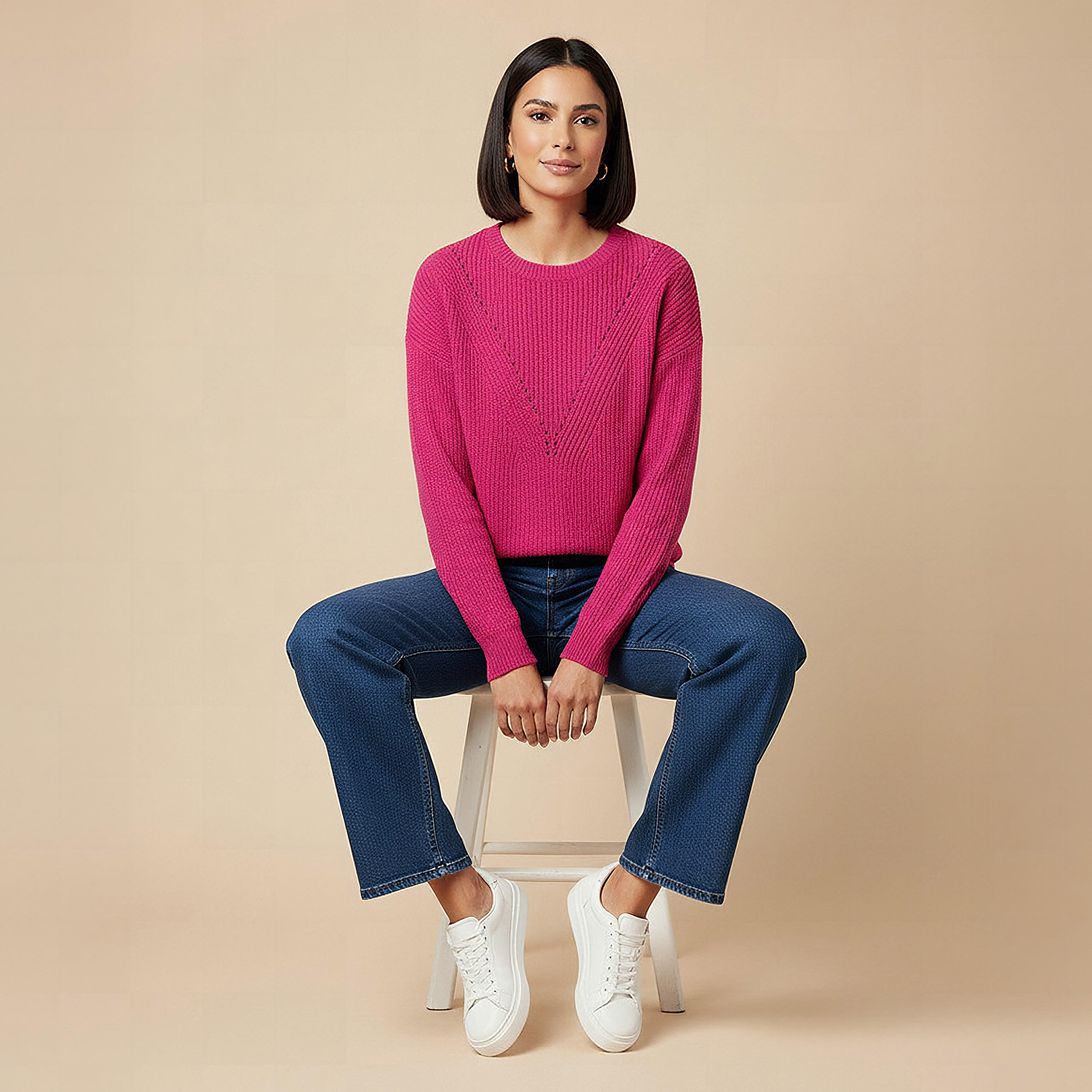 Textured Crew Neck Sweater with Long Sleeves-women-clothing-cardigansandjumpers-jumpers-image-5