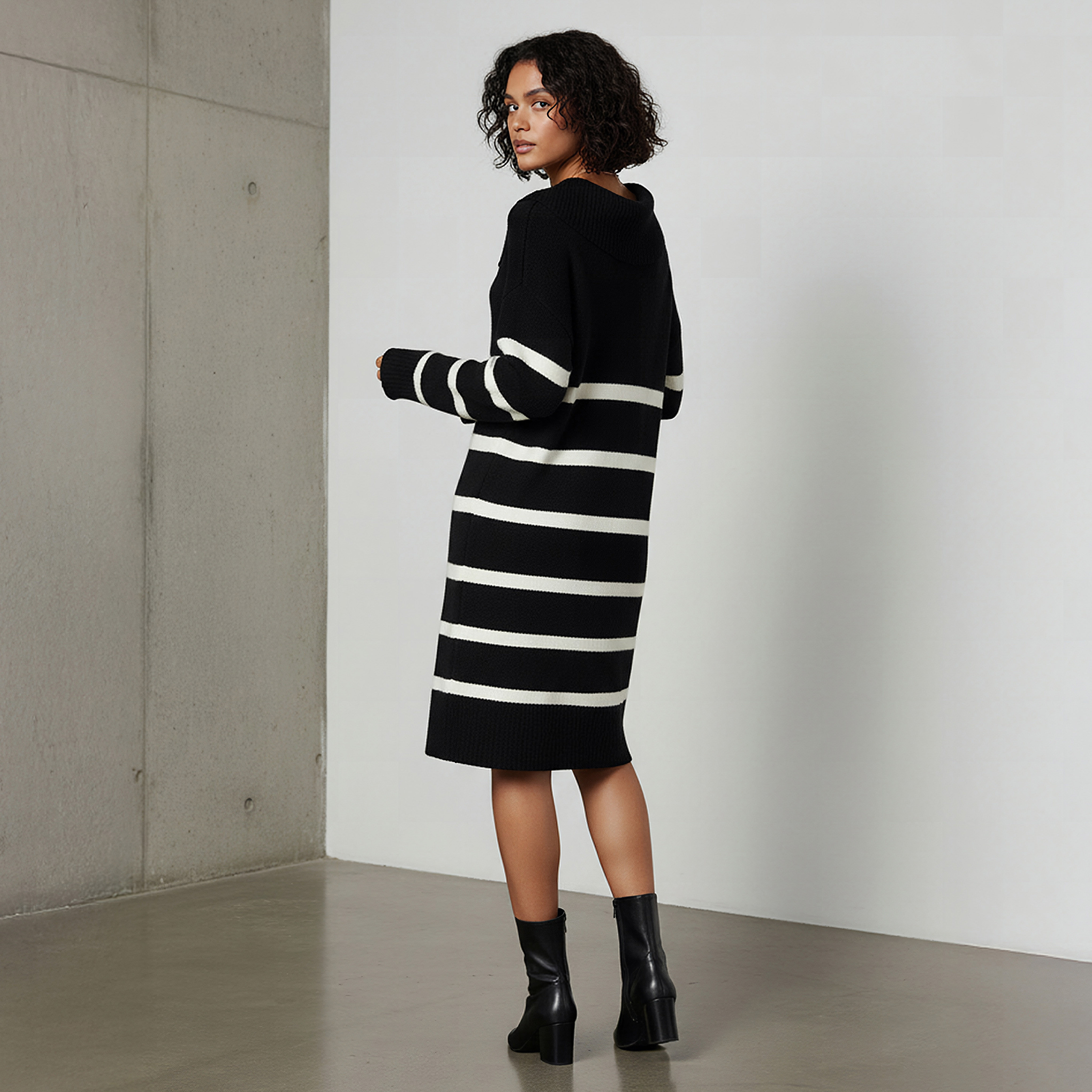 فستان كنزة مخطط بياقة غير متماثلة-women-clothing-dresses-image-7