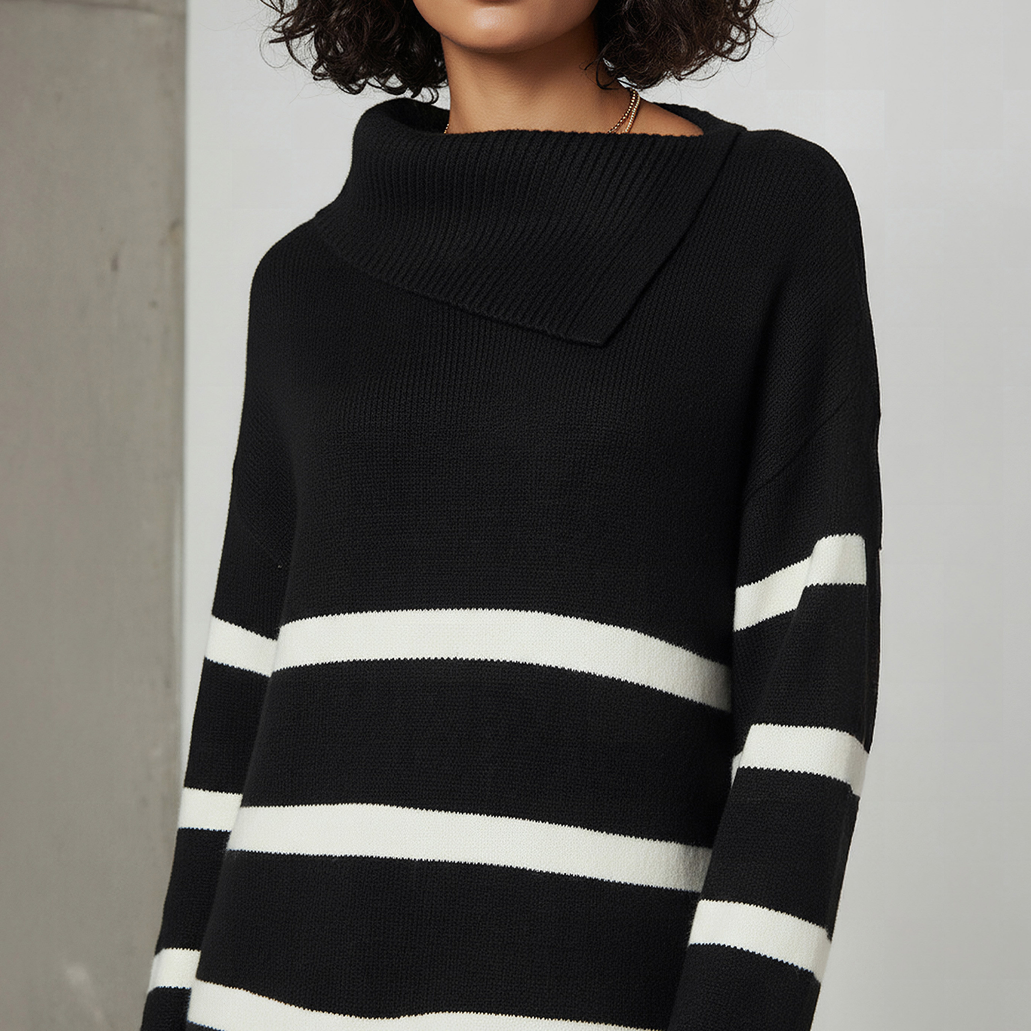 فستان كنزة مخطط بياقة غير متماثلة-women-clothing-dresses-image-8