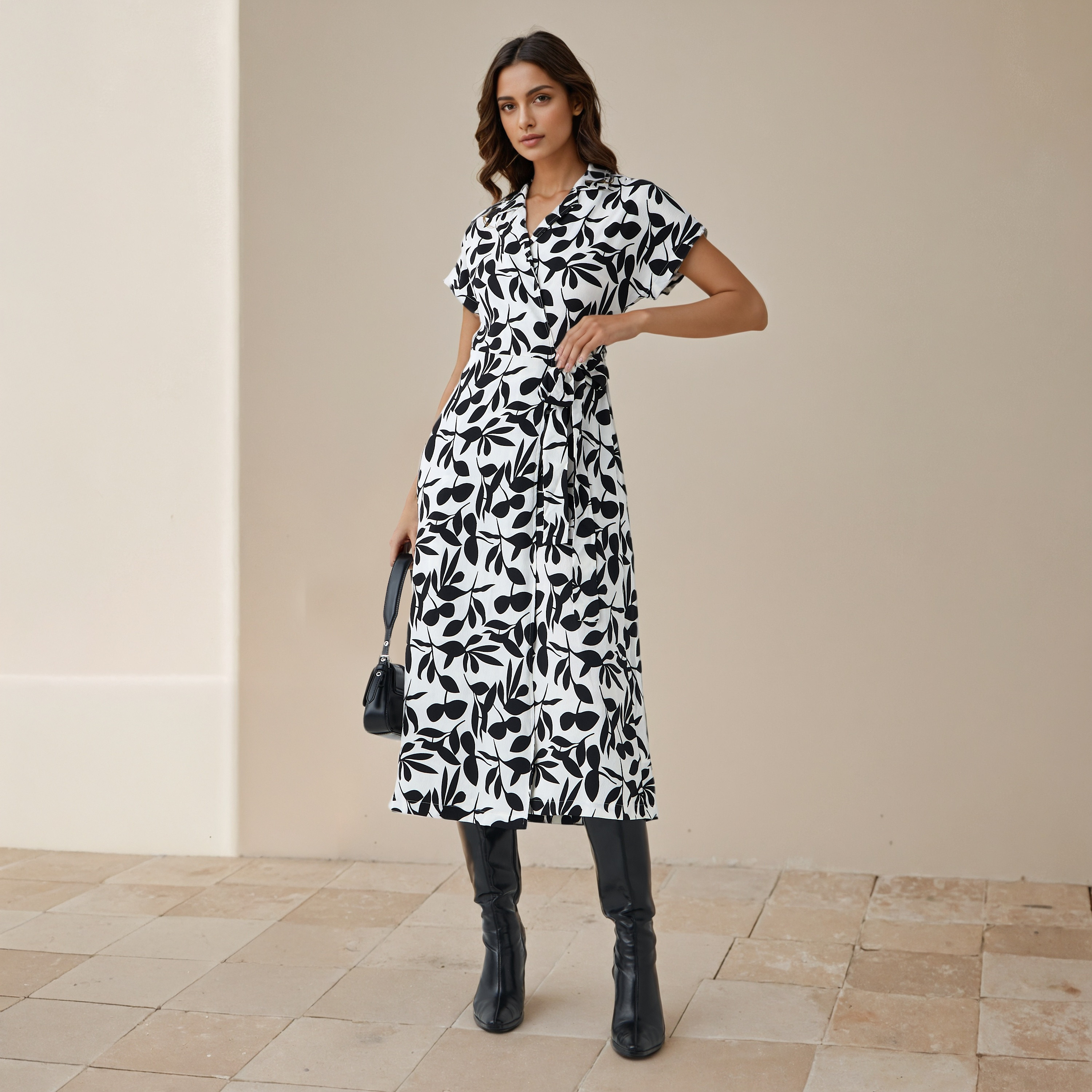 Leaf Print Wrap Style Women Dress with Tie-Up Detail-women-clothing-dresses-image-2