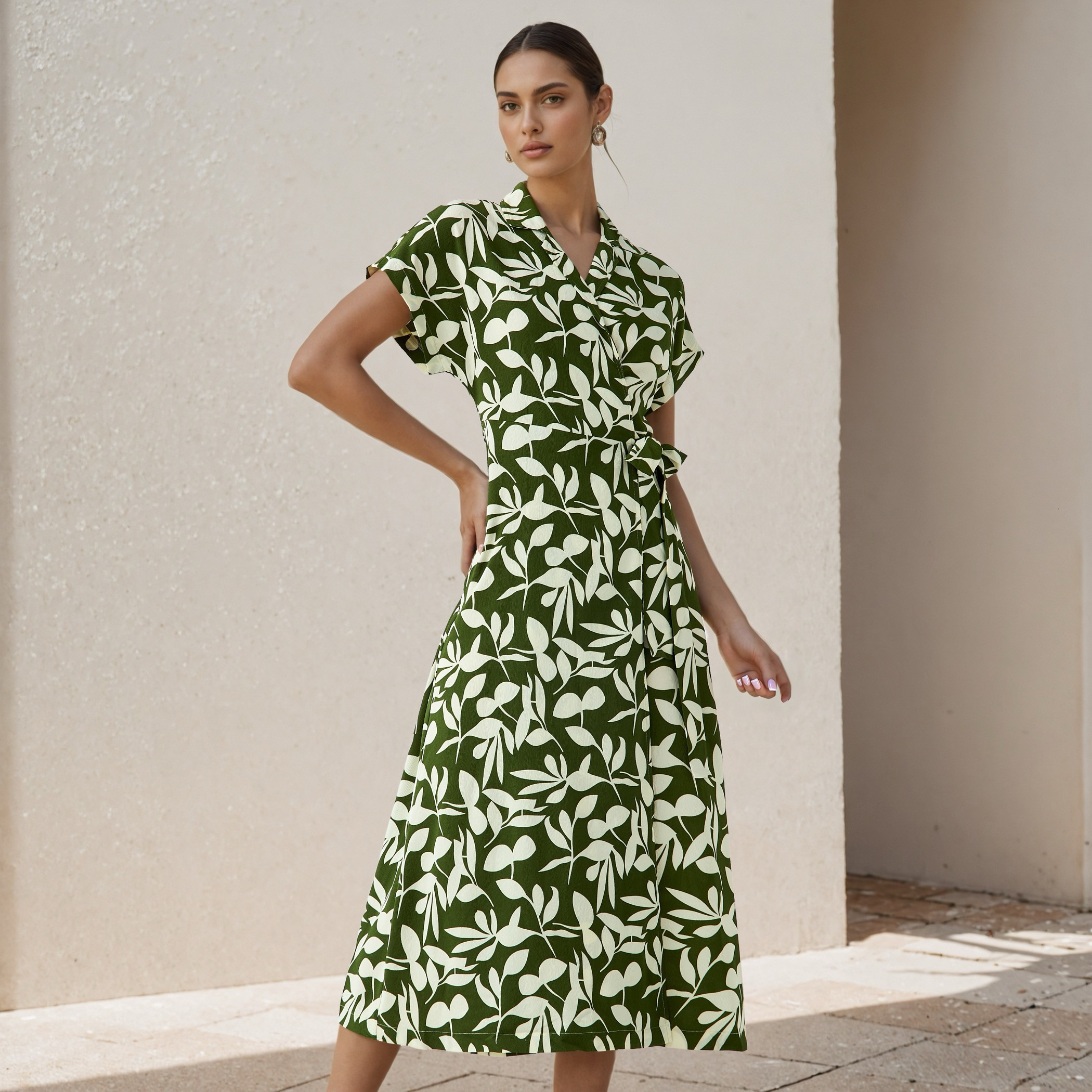 Leaf Print Wrap Style Women Dress with Tie-Up Detail-women-clothing-dresses-image-1