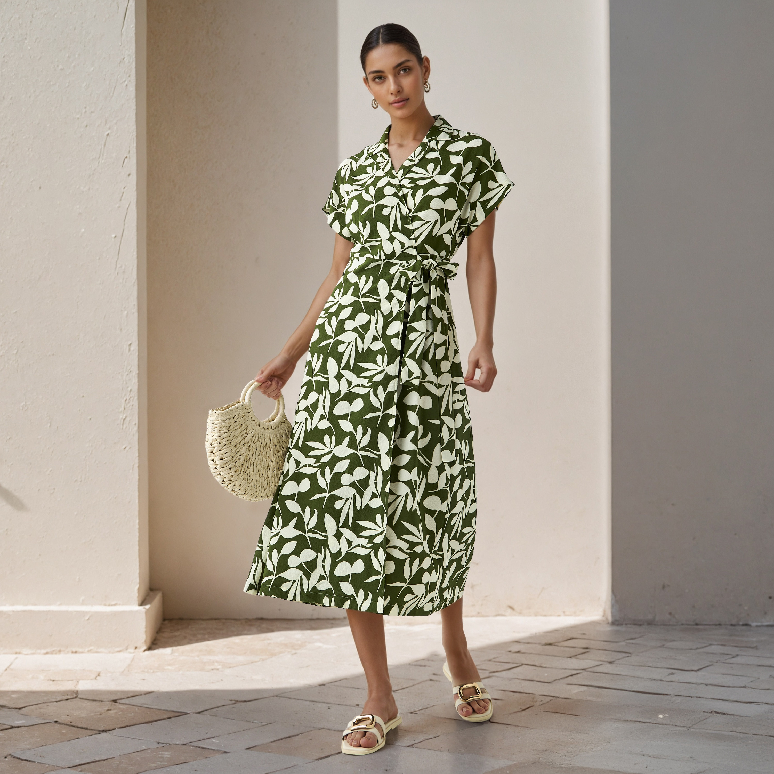 Leaf Print Wrap Style Women Dress with Tie-Up Detail-women-clothing-dresses-image-2
