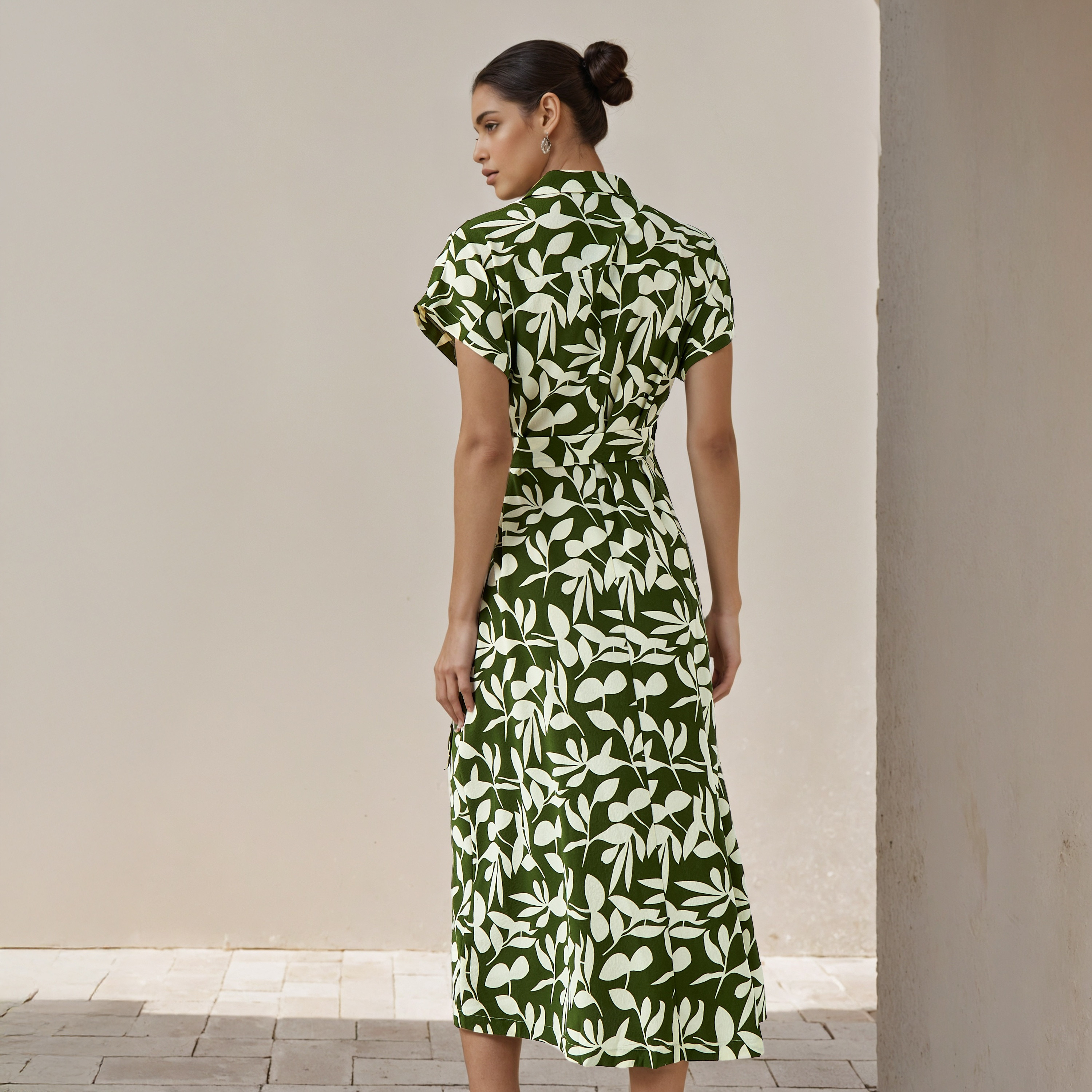 Leaf Print Wrap Style Women Dress with Tie-Up Detail-women-clothing-dresses-image-3