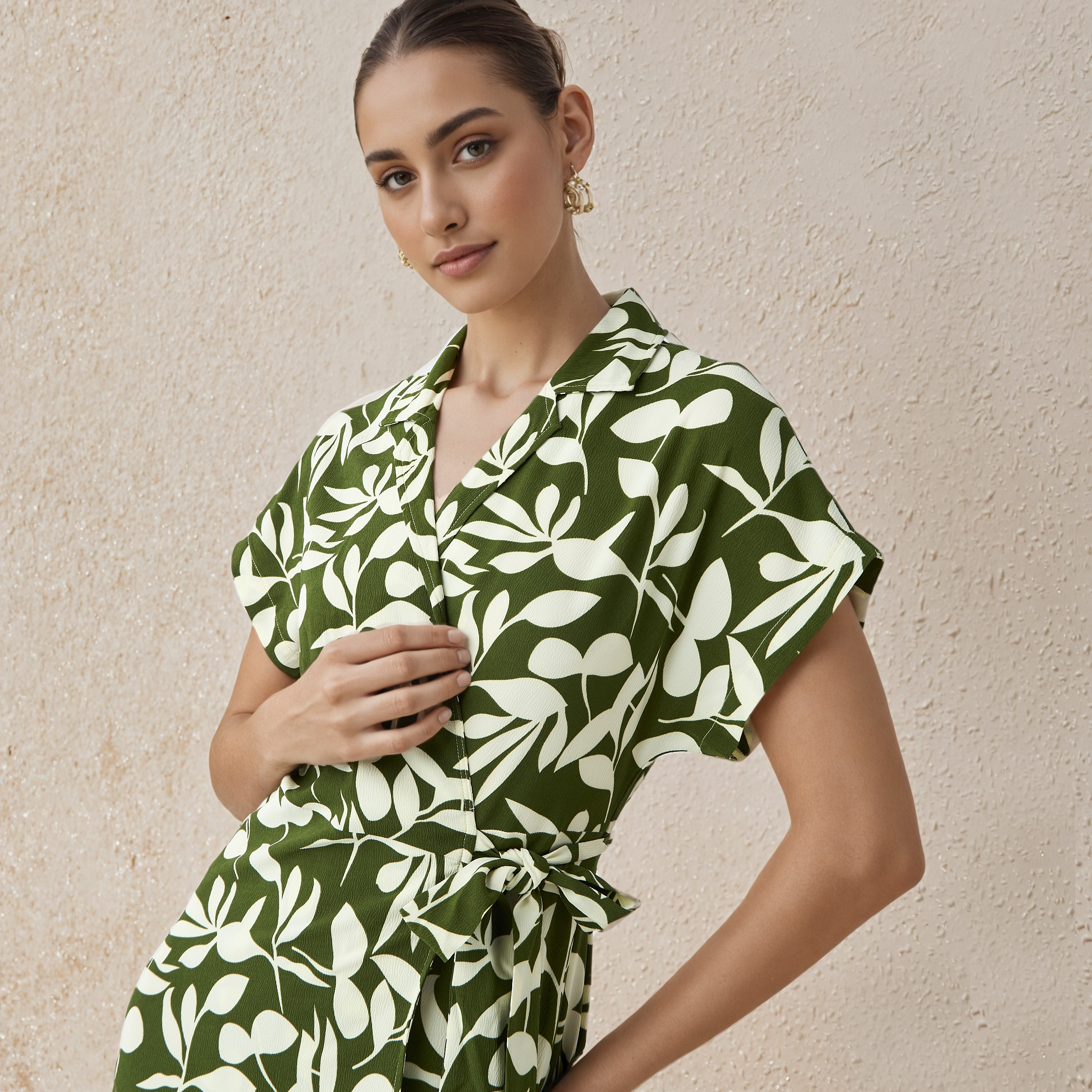 Leaf Print Wrap Style Women Dress with Tie-Up Detail-women-clothing-dresses-image-4
