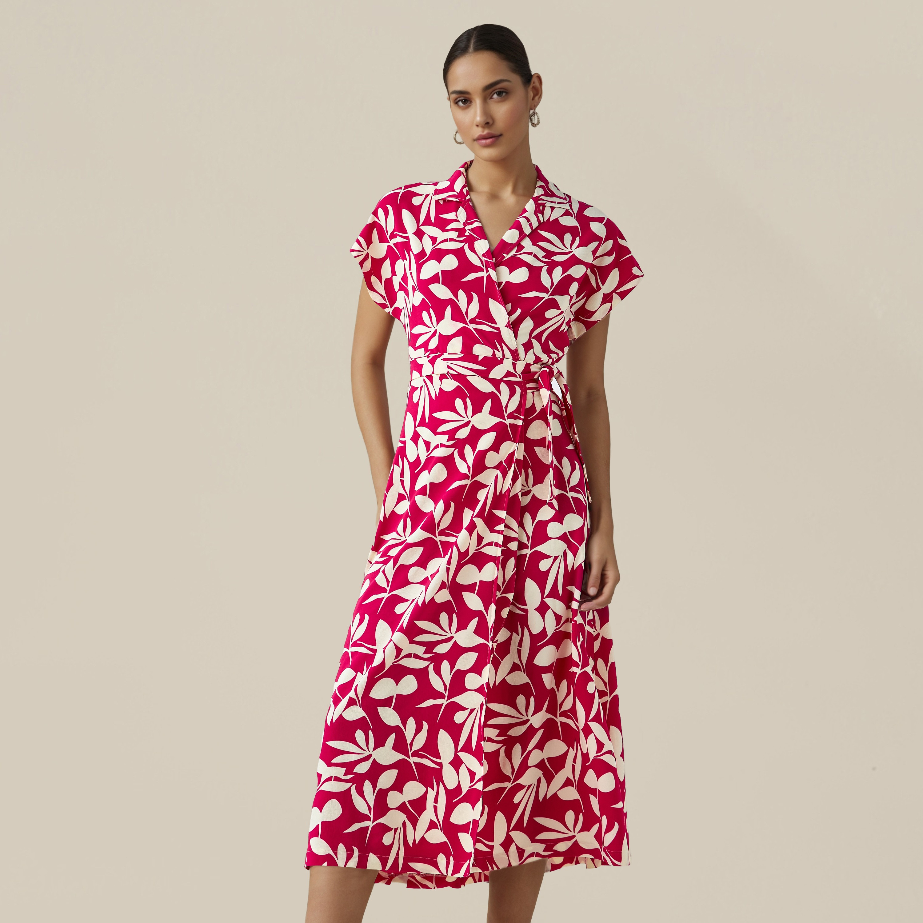 Leaf Print Wrap Style Women Dress with Tie-Up Detail-women-clothing-dresses-image-1
