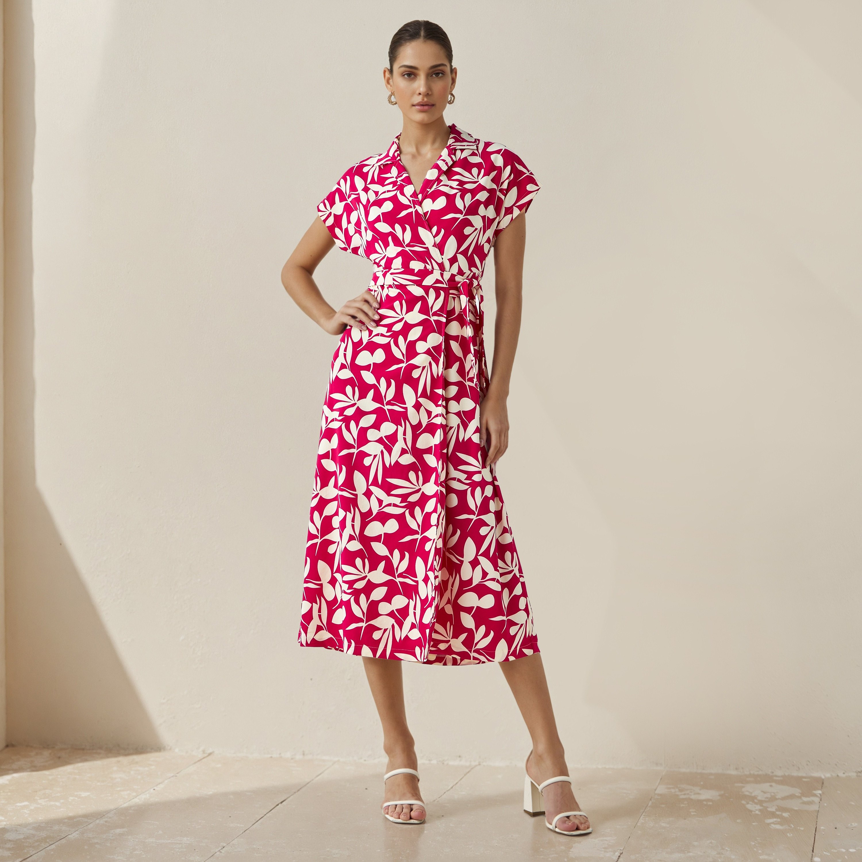 Leaf Print Wrap Style Women Dress with Tie-Up Detail-women-clothing-dresses-image-2