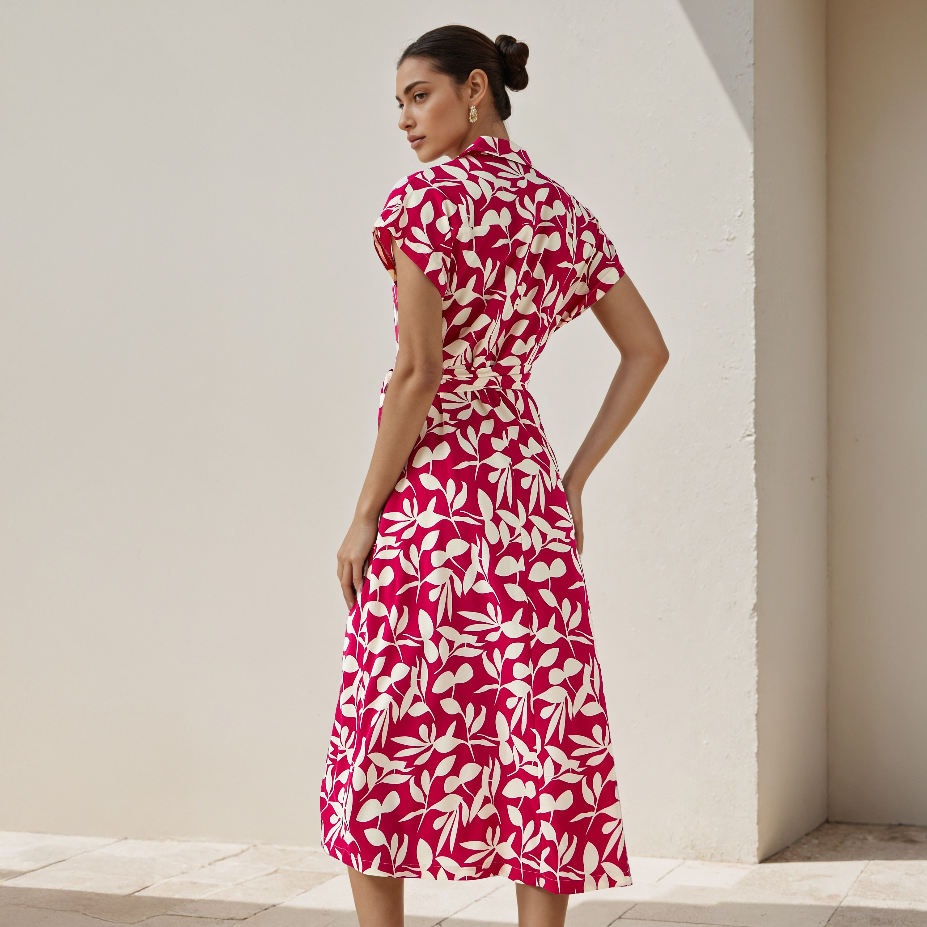 Leaf Print Wrap Style Women Dress with Tie-Up Detail-women-clothing-dresses-image-3