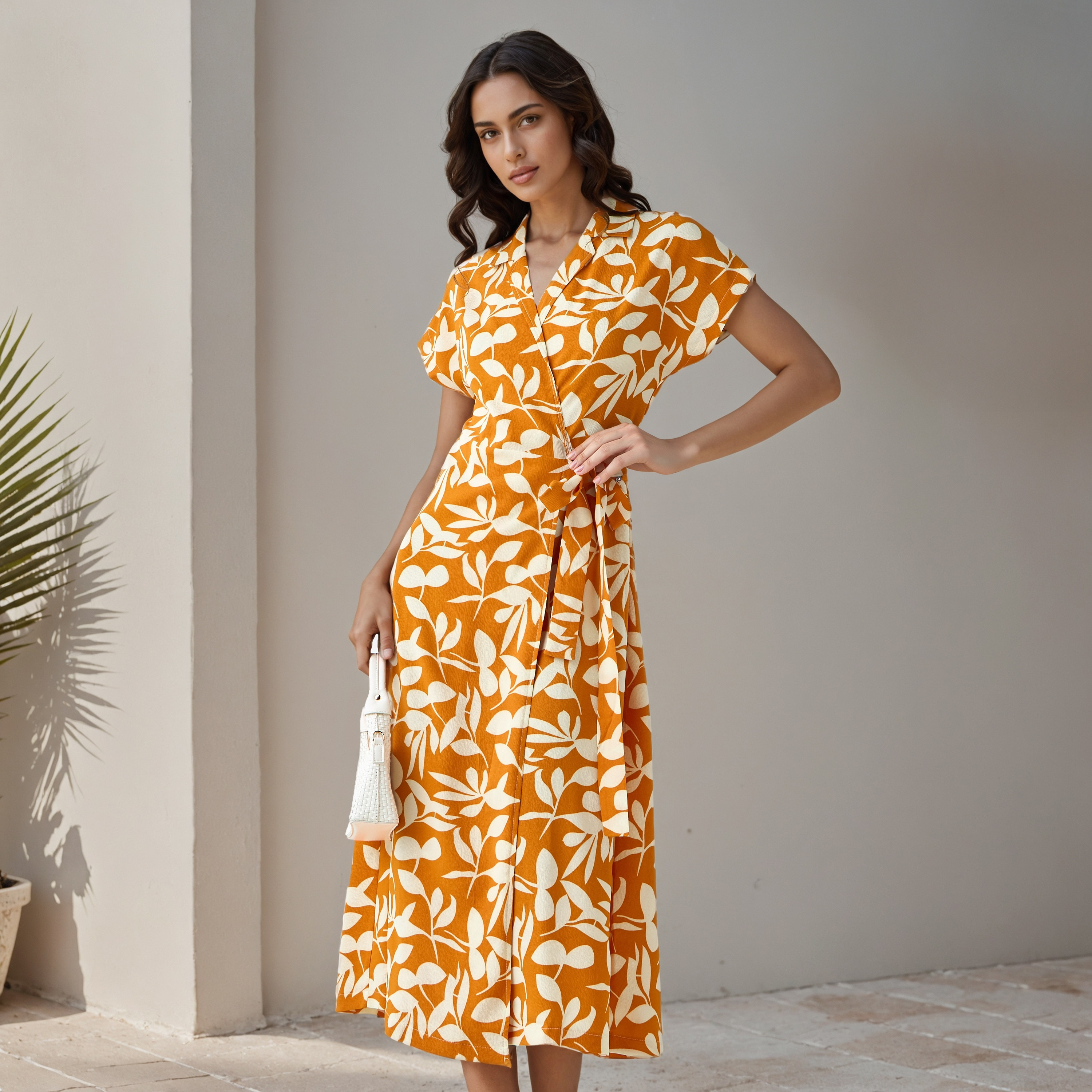 Leaf Print Wrap Style Women Dress with Tie-Up Detail-women-clothing-dresses-image-1