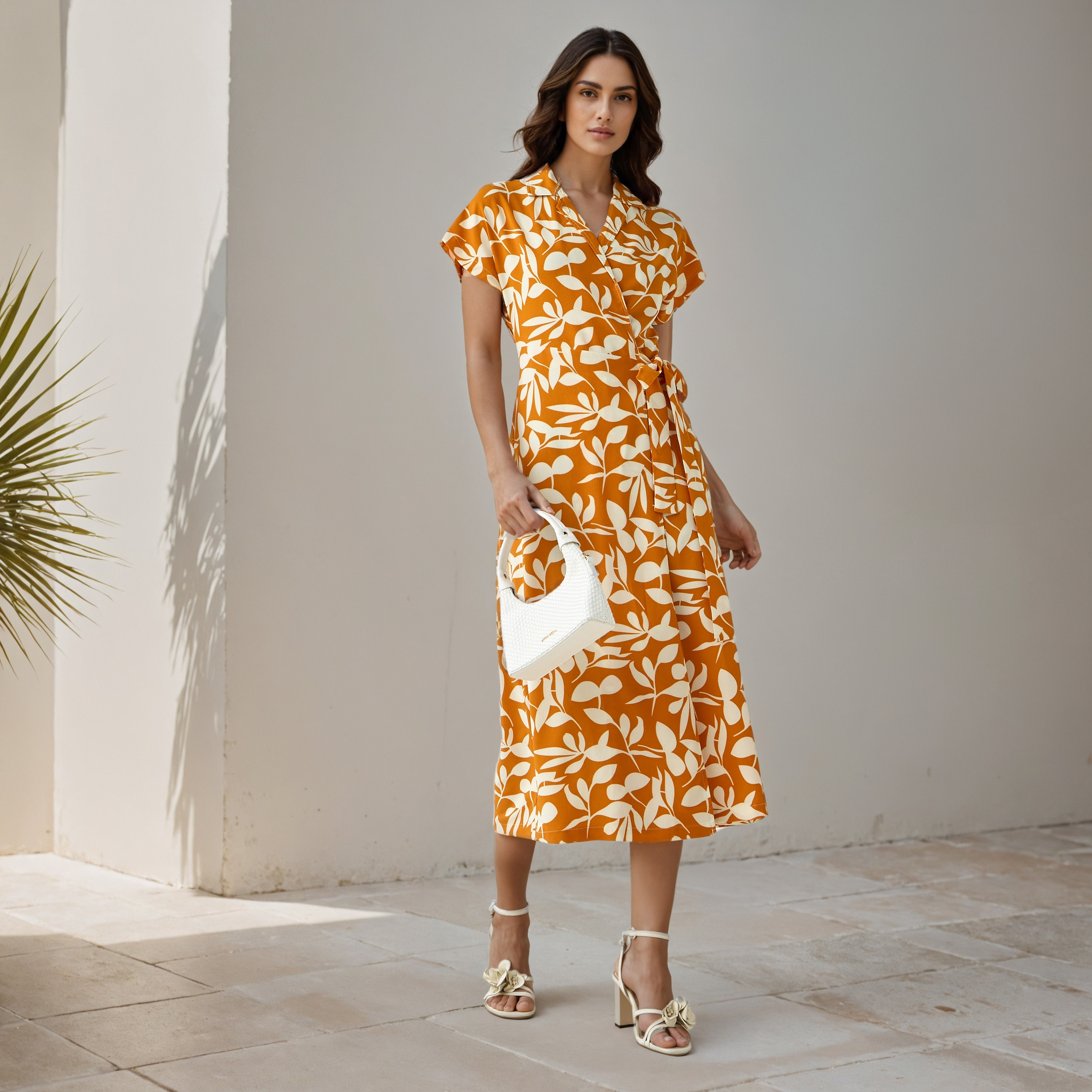 Leaf Print Wrap Style Women Dress with Tie-Up Detail-women-clothing-dresses-image-2